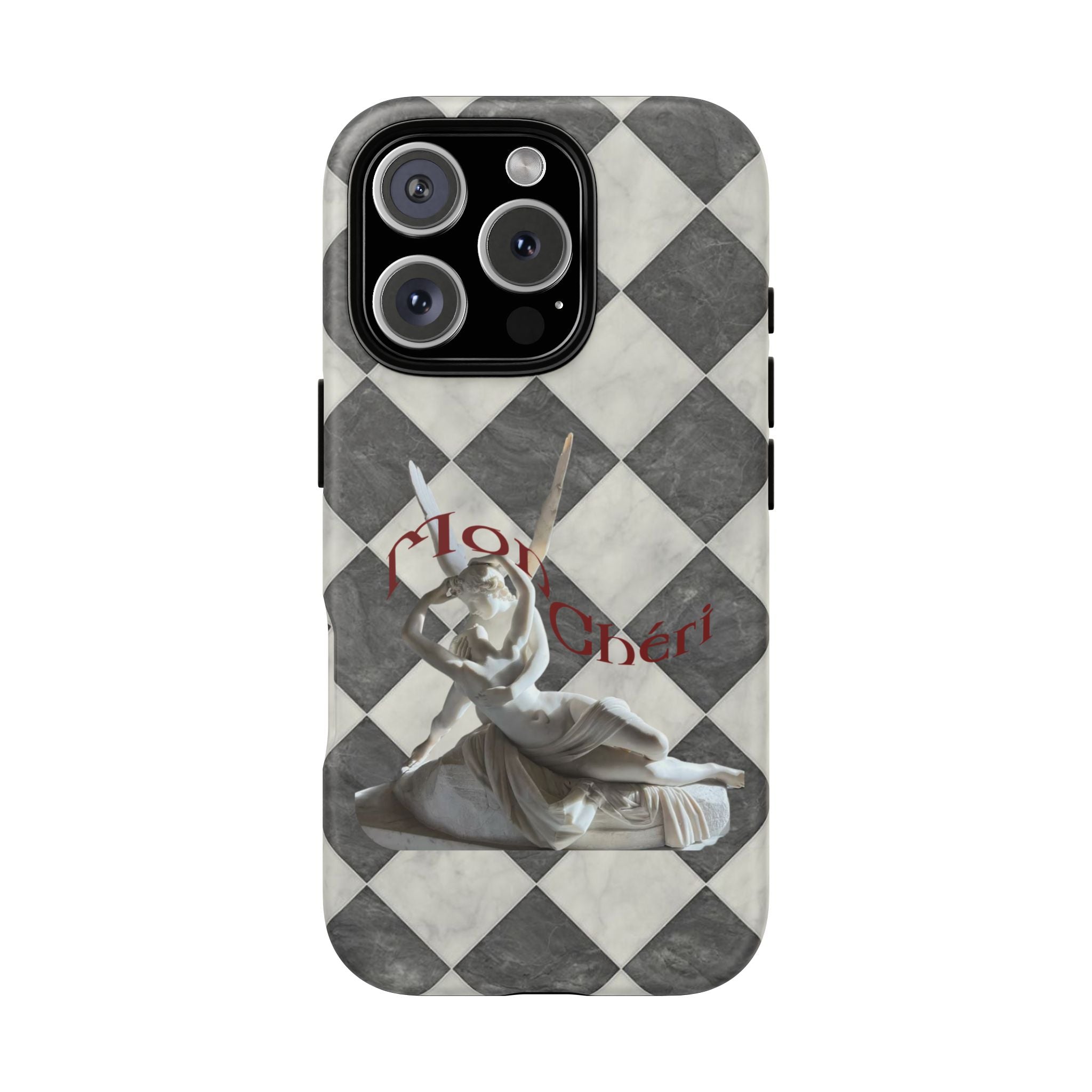 Phone Case — Vintage Harlequin Design with 'Mon Cheri' Statue Accent