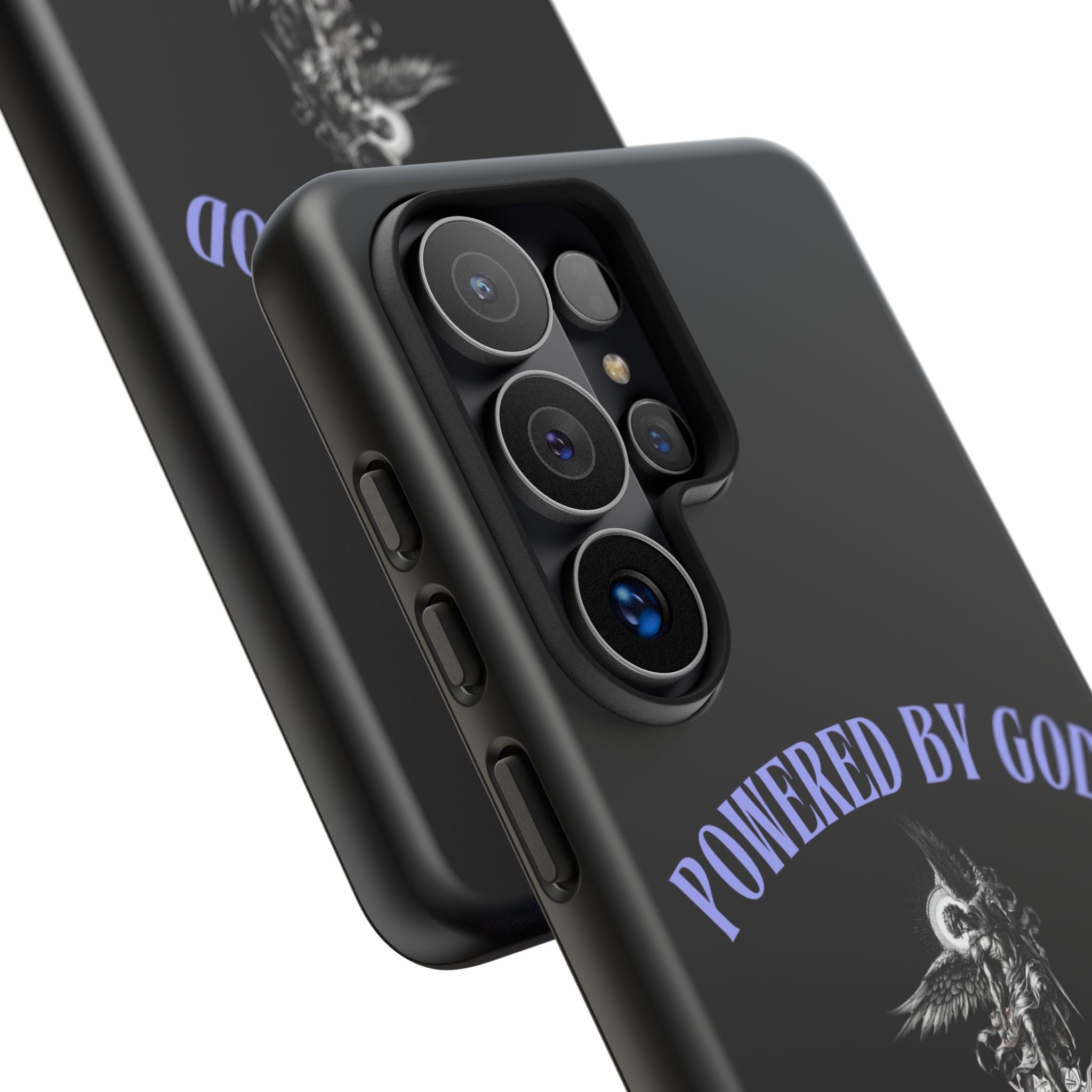 Phone Case — "Powered by God" Black Protective Case with Angelic Skull Design