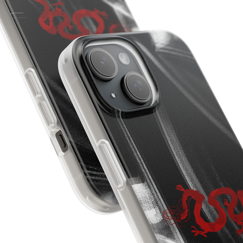Flexi Phone Case — Black Smoke Background with Red Dragon