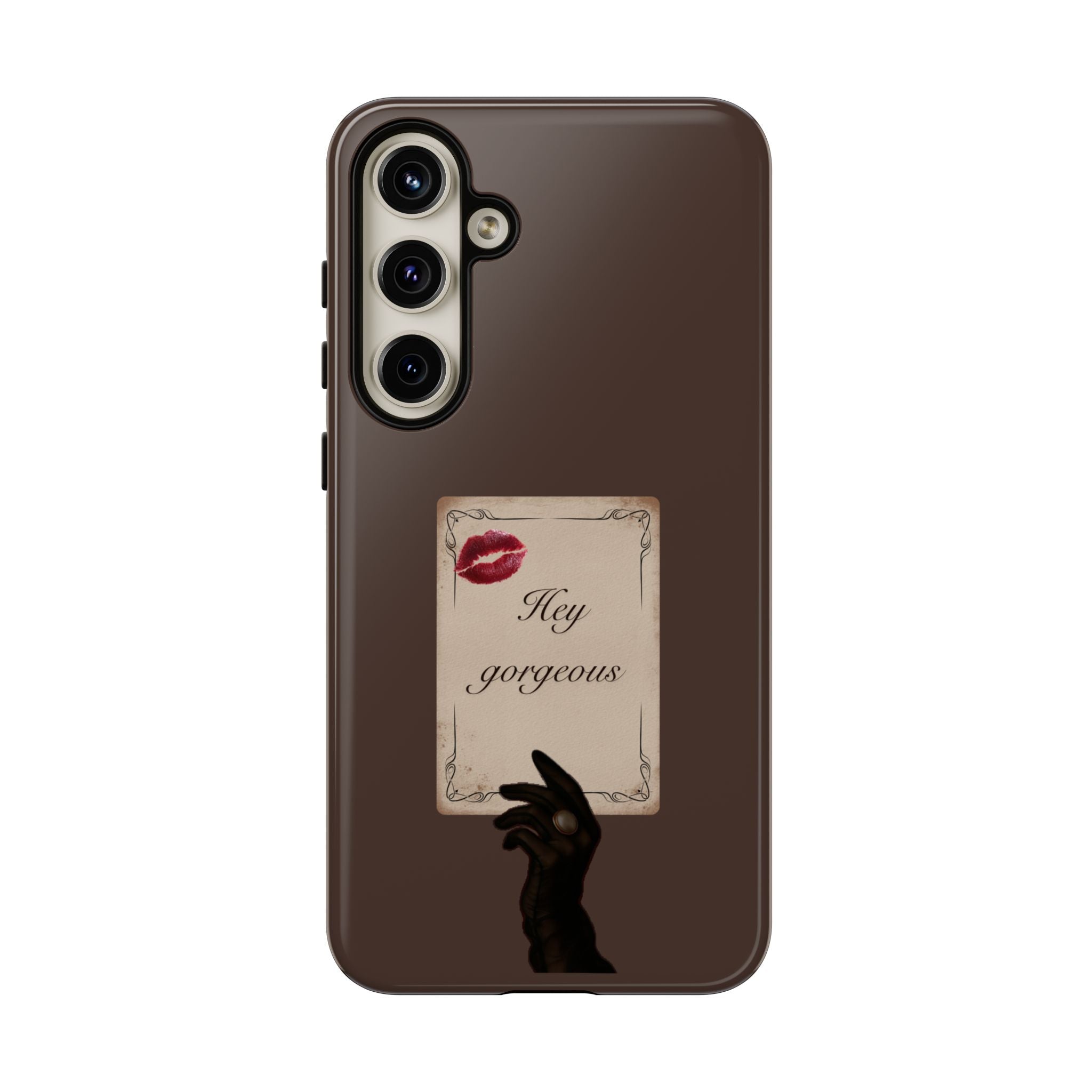 Hey Gorgeous Phone Case — Brown Lip Print & Shadow Hand Protective Cover