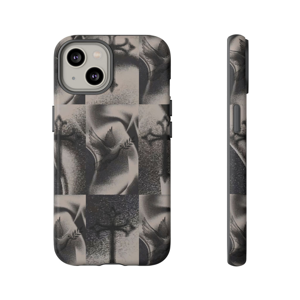 Gothic Cross & Dove Phone Case — Moody Checkerboard Protective Case