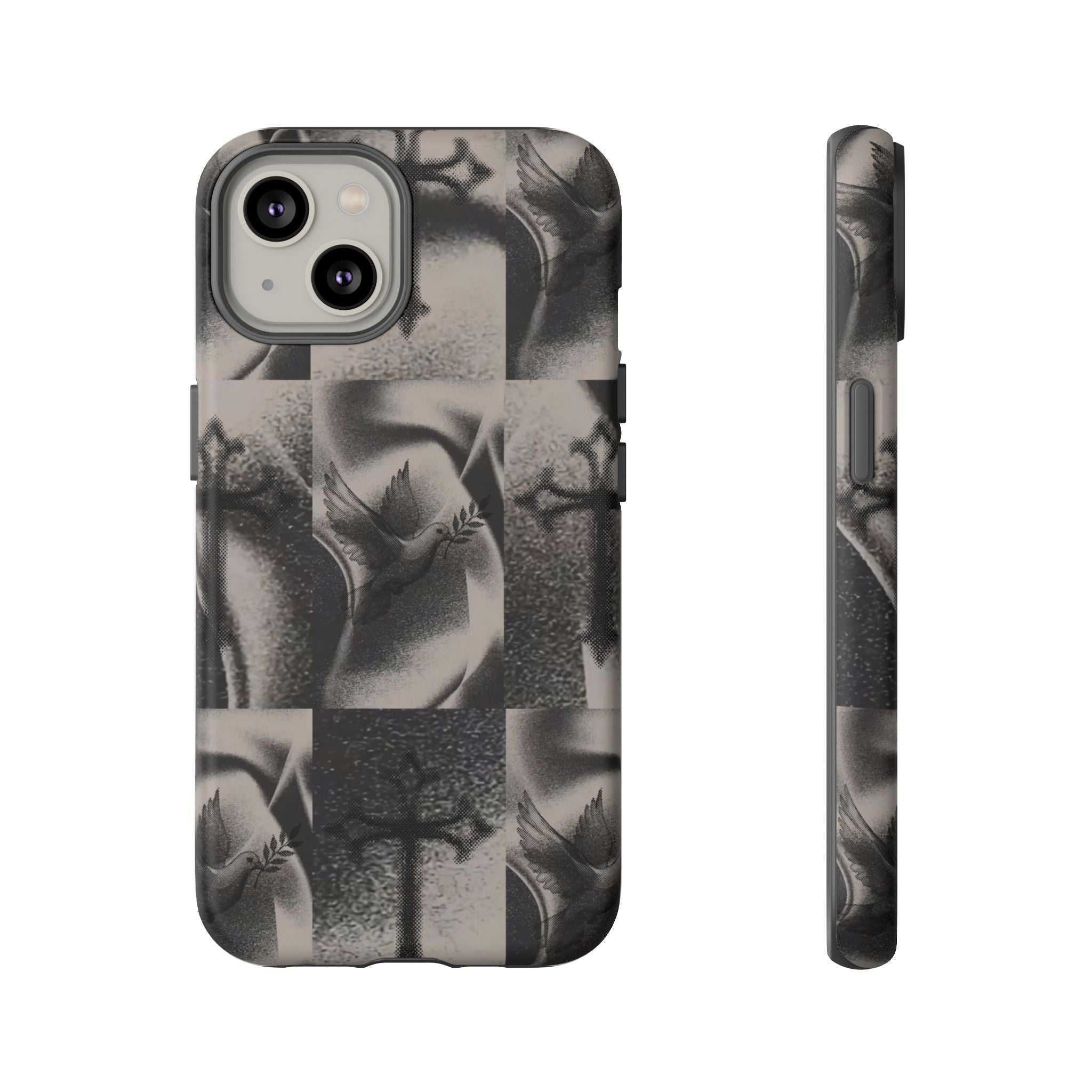 Gothic Cross & Dove Phone Case — Moody Checkerboard Protective Case