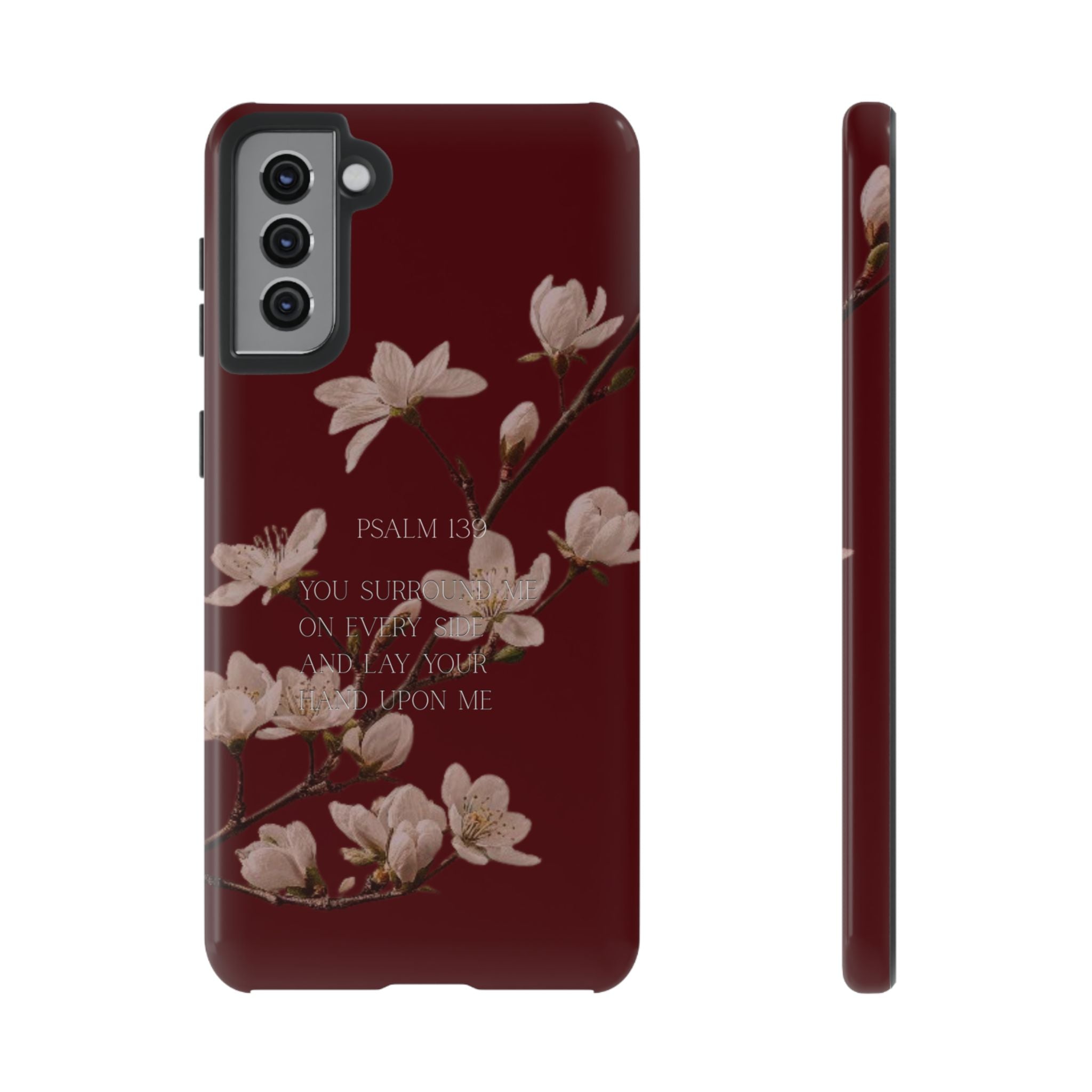 Floral Psalm Tough Phone Case — Burgundy Magnolia Branch with Psalm 139 Verse