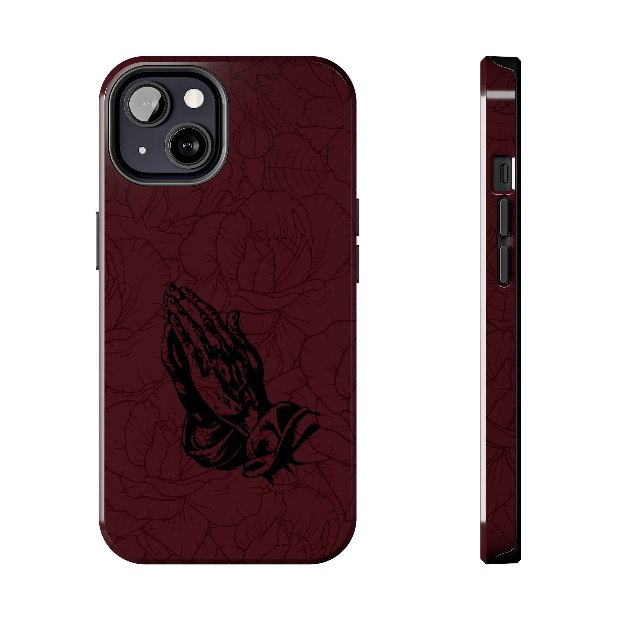 Burgundy Praying Hands Tough Phone Case – Floral Background, Religious Protective Cover