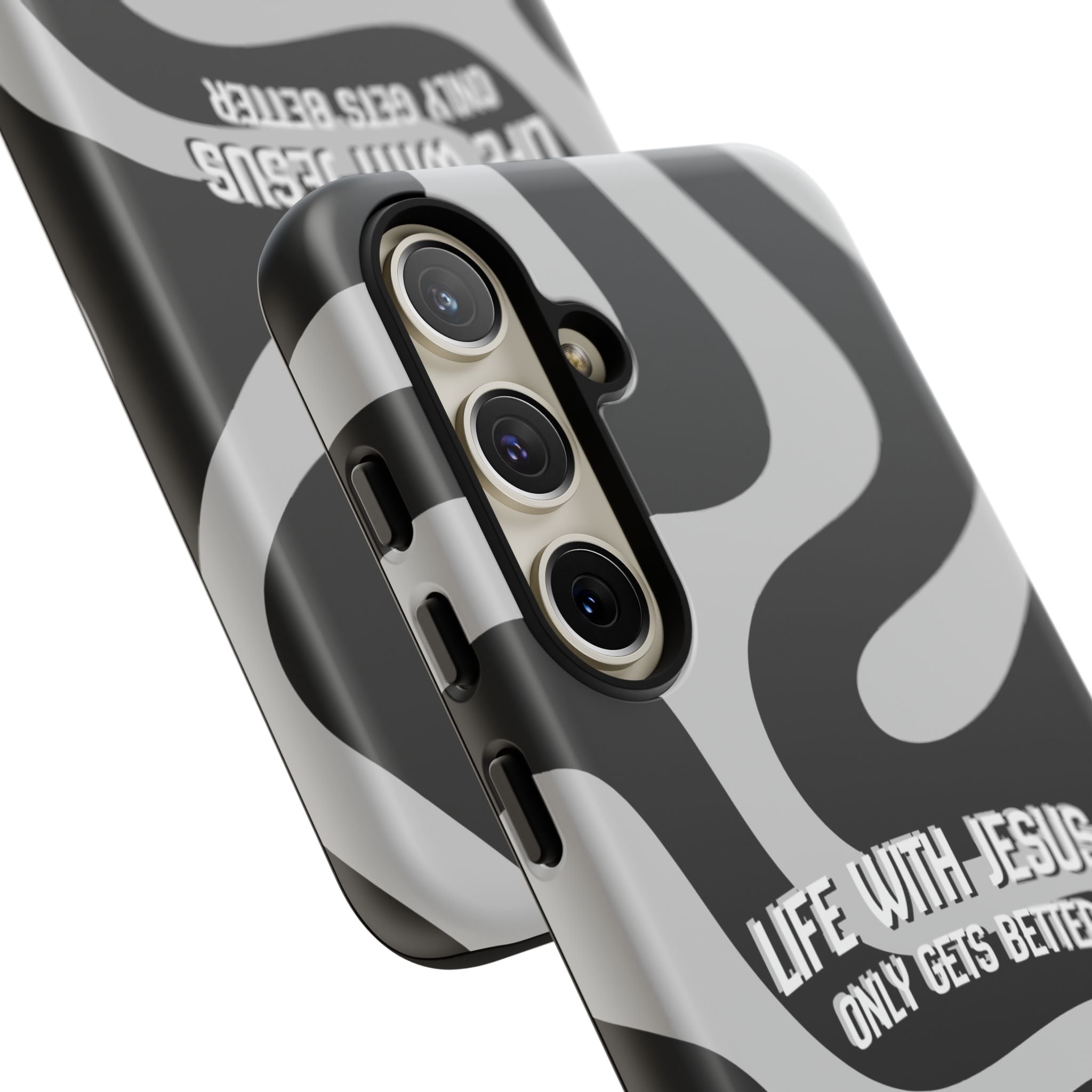Christian iPhone Tough Case — "Life With Jesus Only Gets Better" Black & White Swirl Design