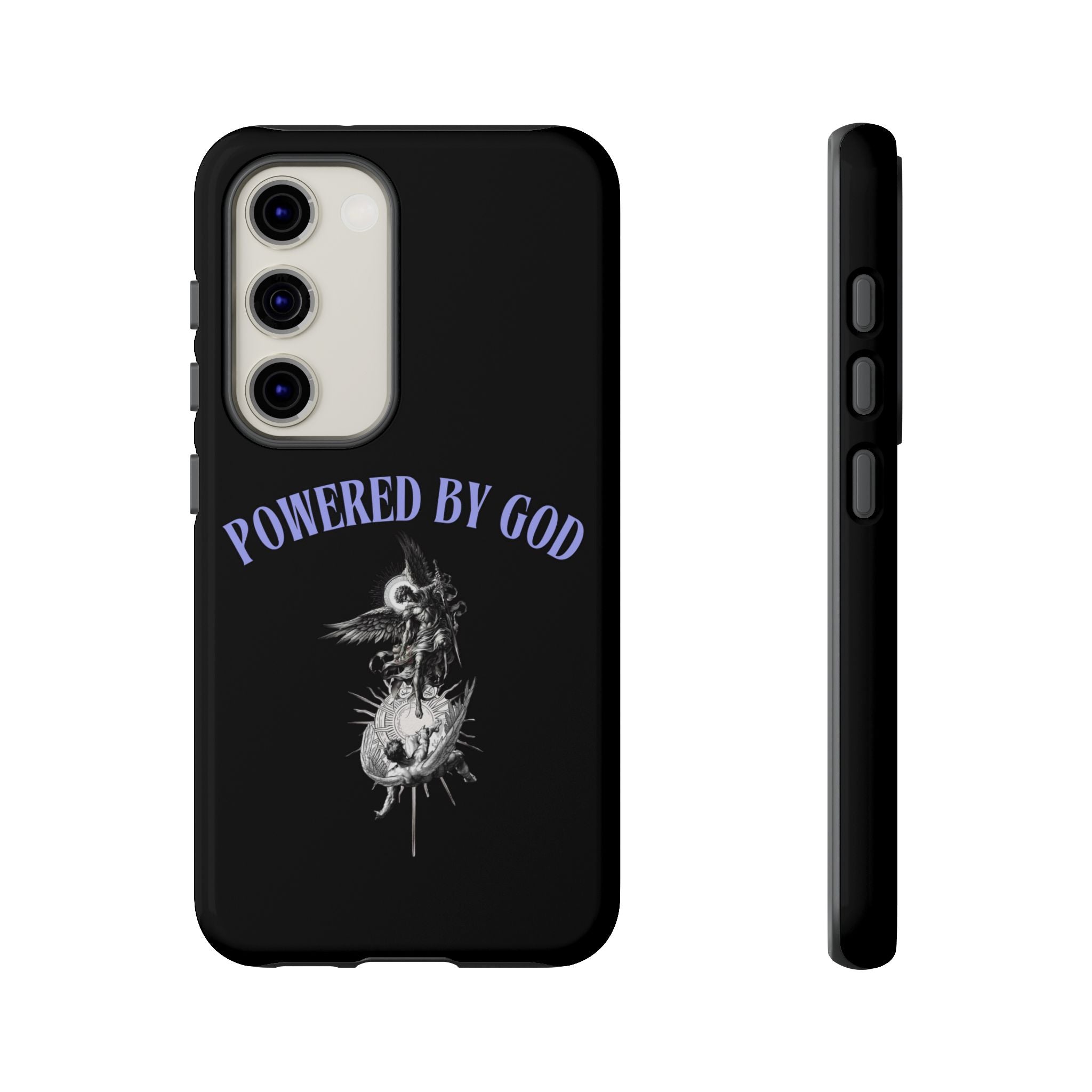 Phone Case — "Powered by God" Black Protective Case with Angelic Skull Design