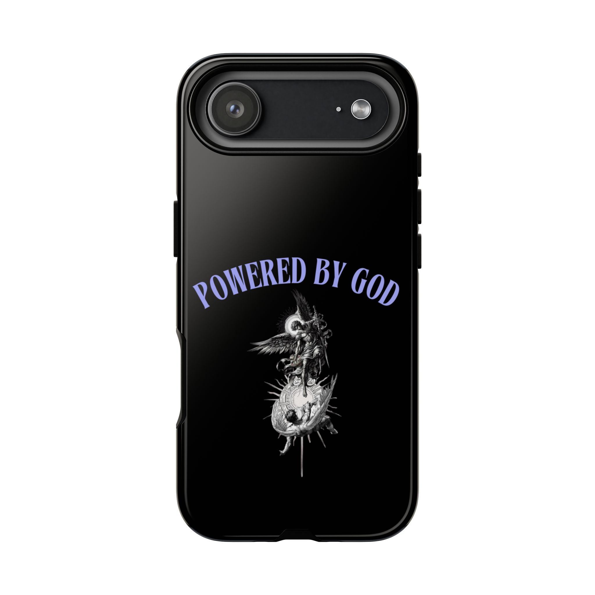 Phone Case — "Powered by God" Black Protective Case with Angelic Skull Design