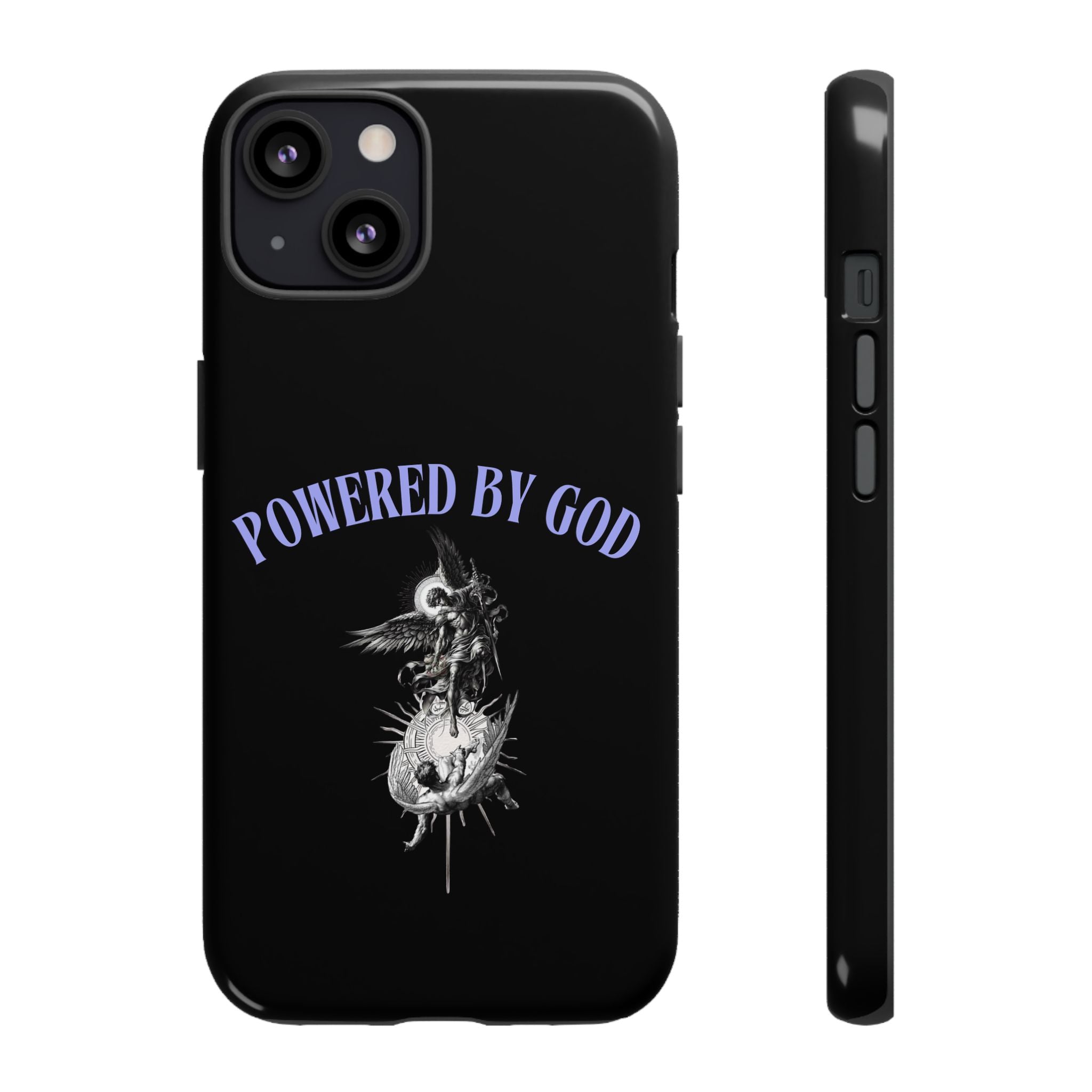 Phone Case — "Powered by God" Black Protective Case with Angelic Skull Design