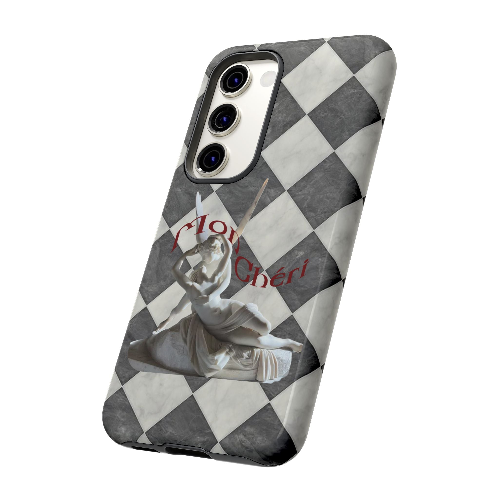 Phone Case — Vintage Harlequin Design with 'Mon Cheri' Statue Accent