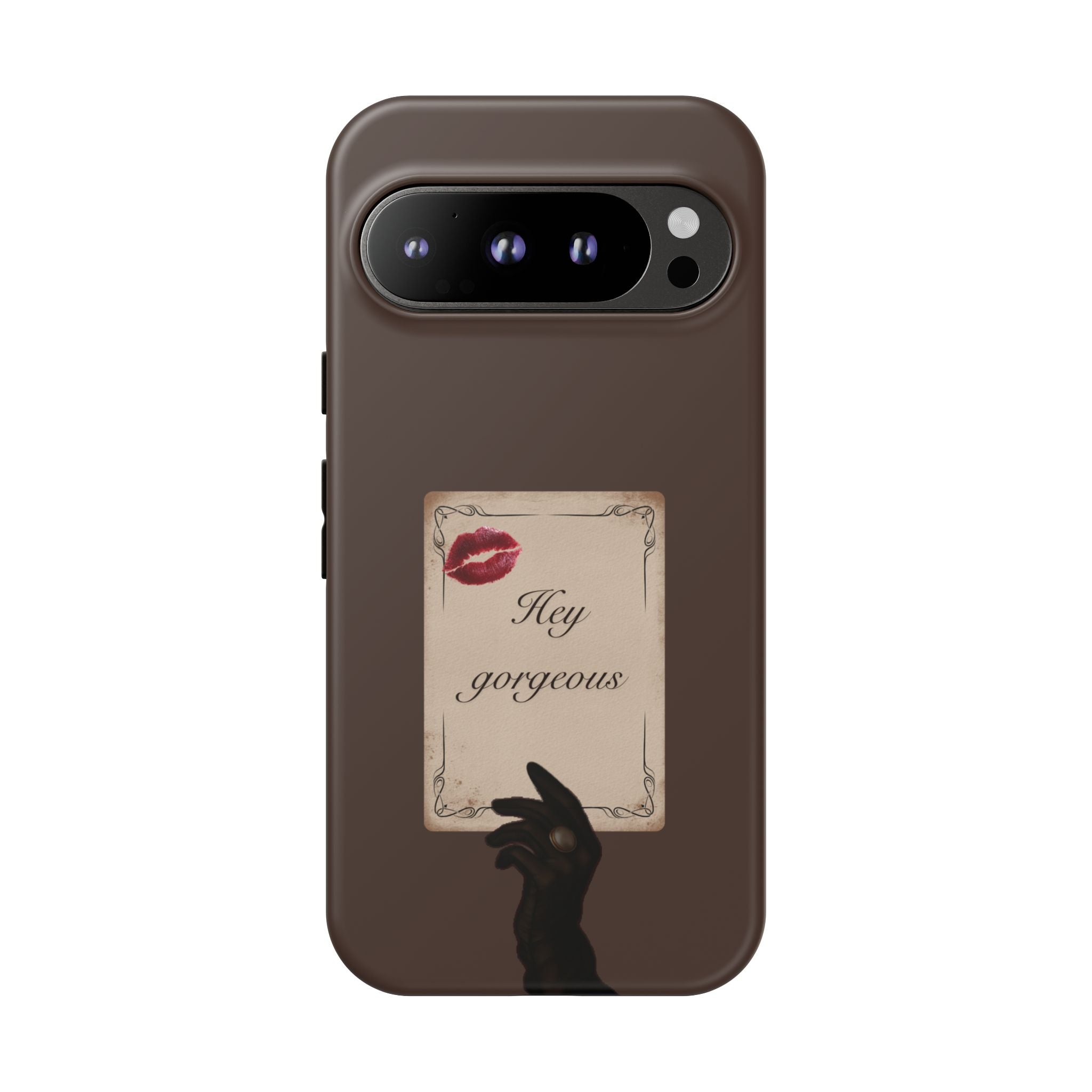 Hey Gorgeous Phone Case — Brown Lip Print & Shadow Hand Protective Cover
