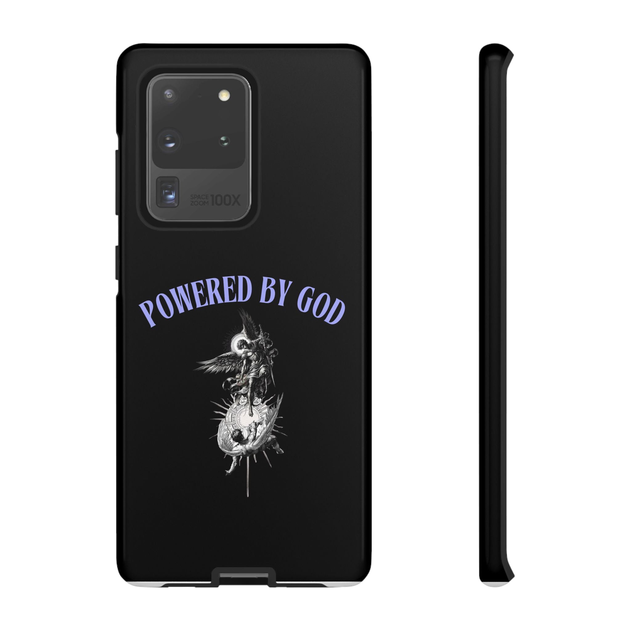 Phone Case — "Powered by God" Black Protective Case with Angelic Skull Design