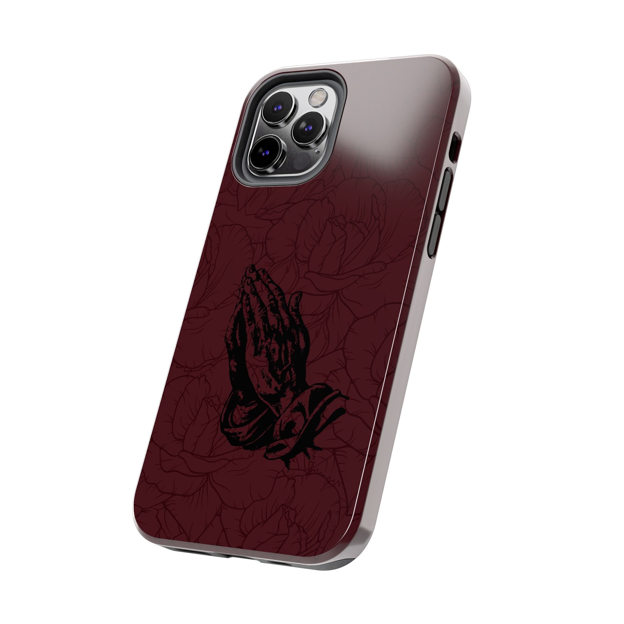Burgundy Praying Hands Tough Phone Case – Floral Background, Religious Protective Cover