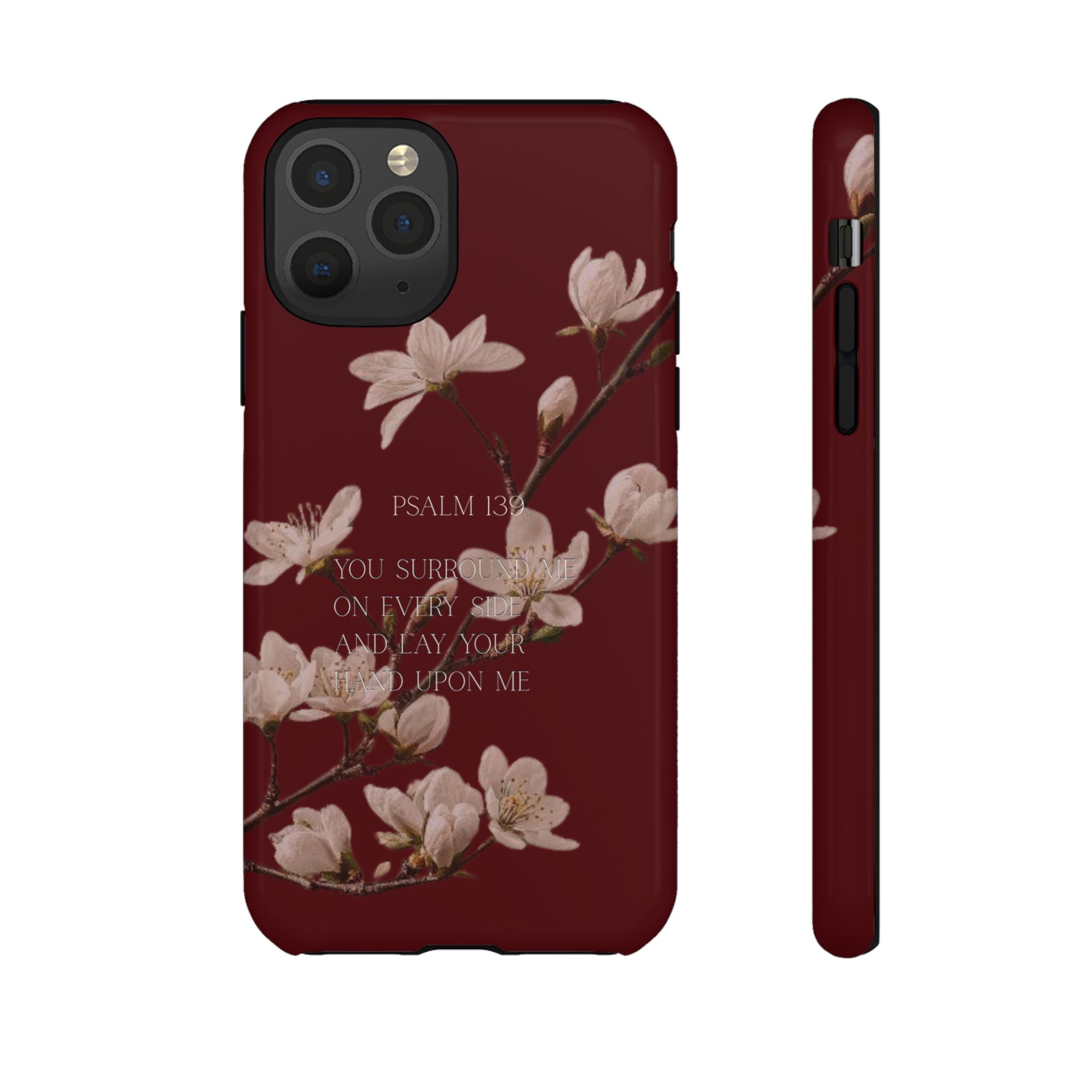 Floral Psalm Tough Phone Case — Burgundy Magnolia Branch with Psalm 139 Verse