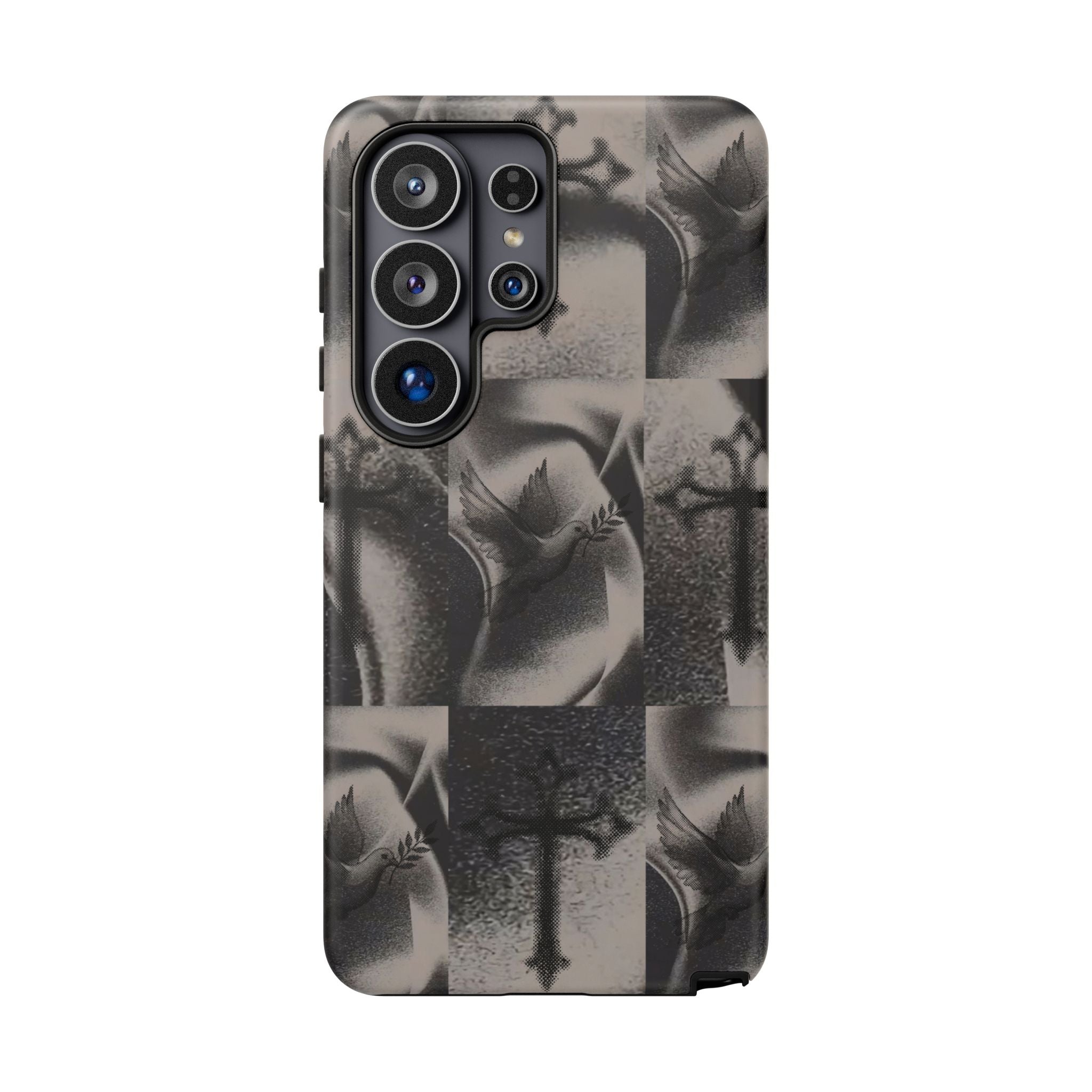 Gothic Cross & Dove Phone Case — Moody Checkerboard Protective Case
