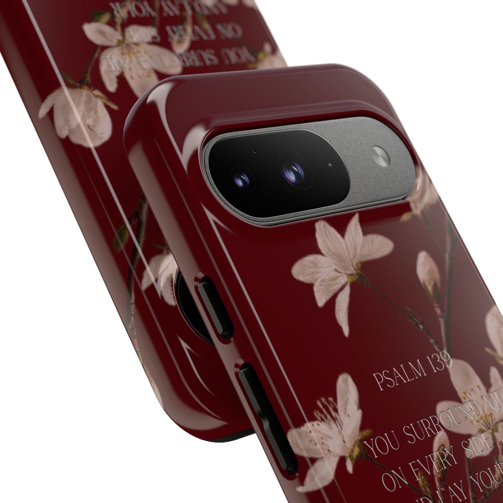 Floral Psalm Tough Phone Case — Burgundy Magnolia Branch with Psalm 139 Verse