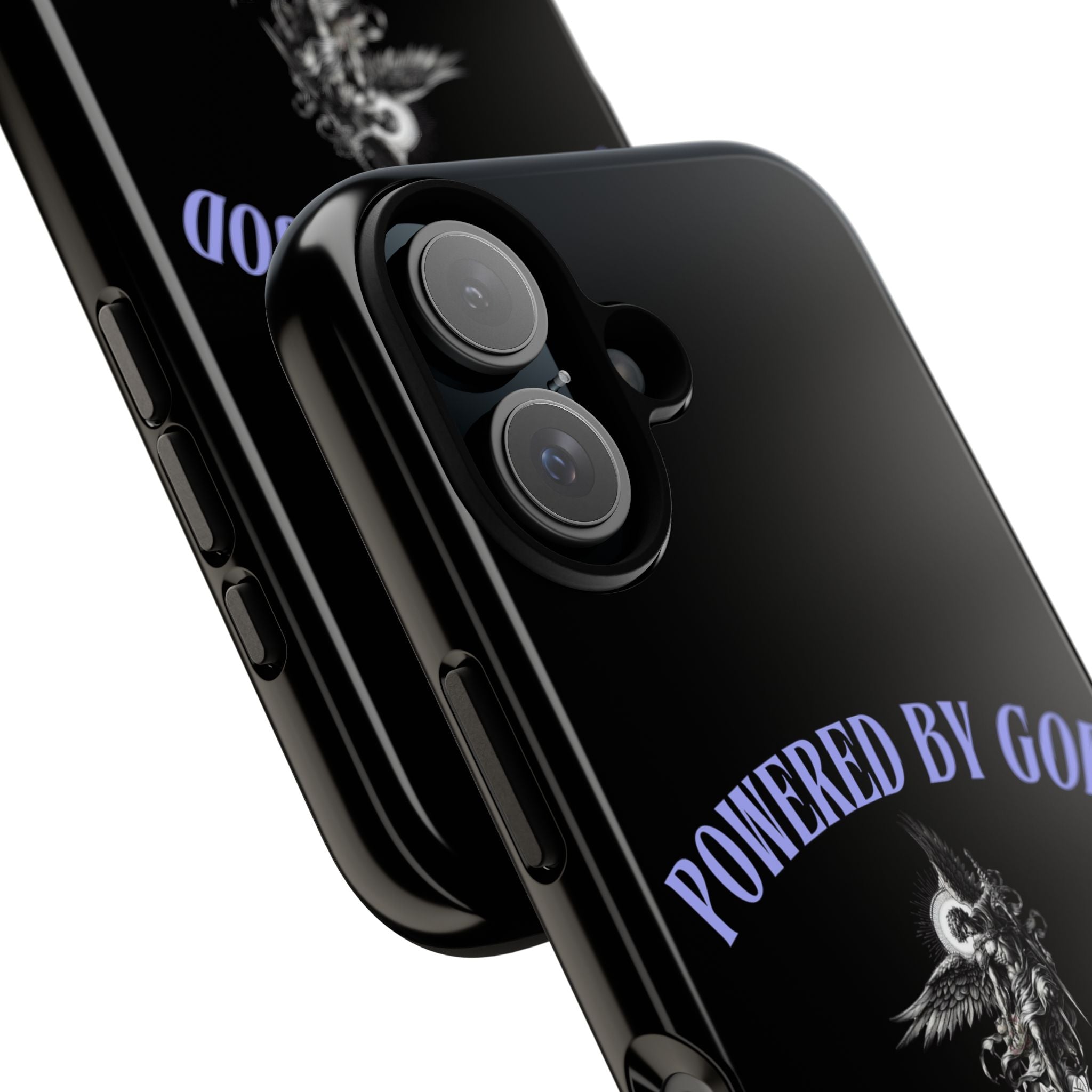 Phone Case — "Powered by God" Black Protective Case with Angelic Skull Design