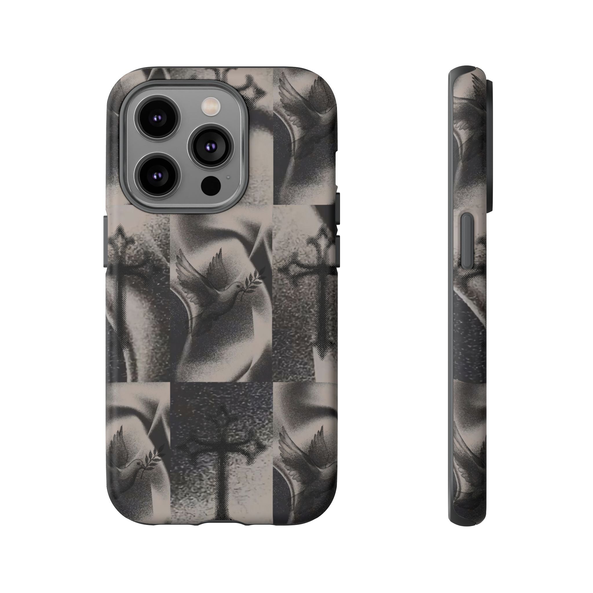 Gothic Cross & Dove Phone Case — Moody Checkerboard Protective Case