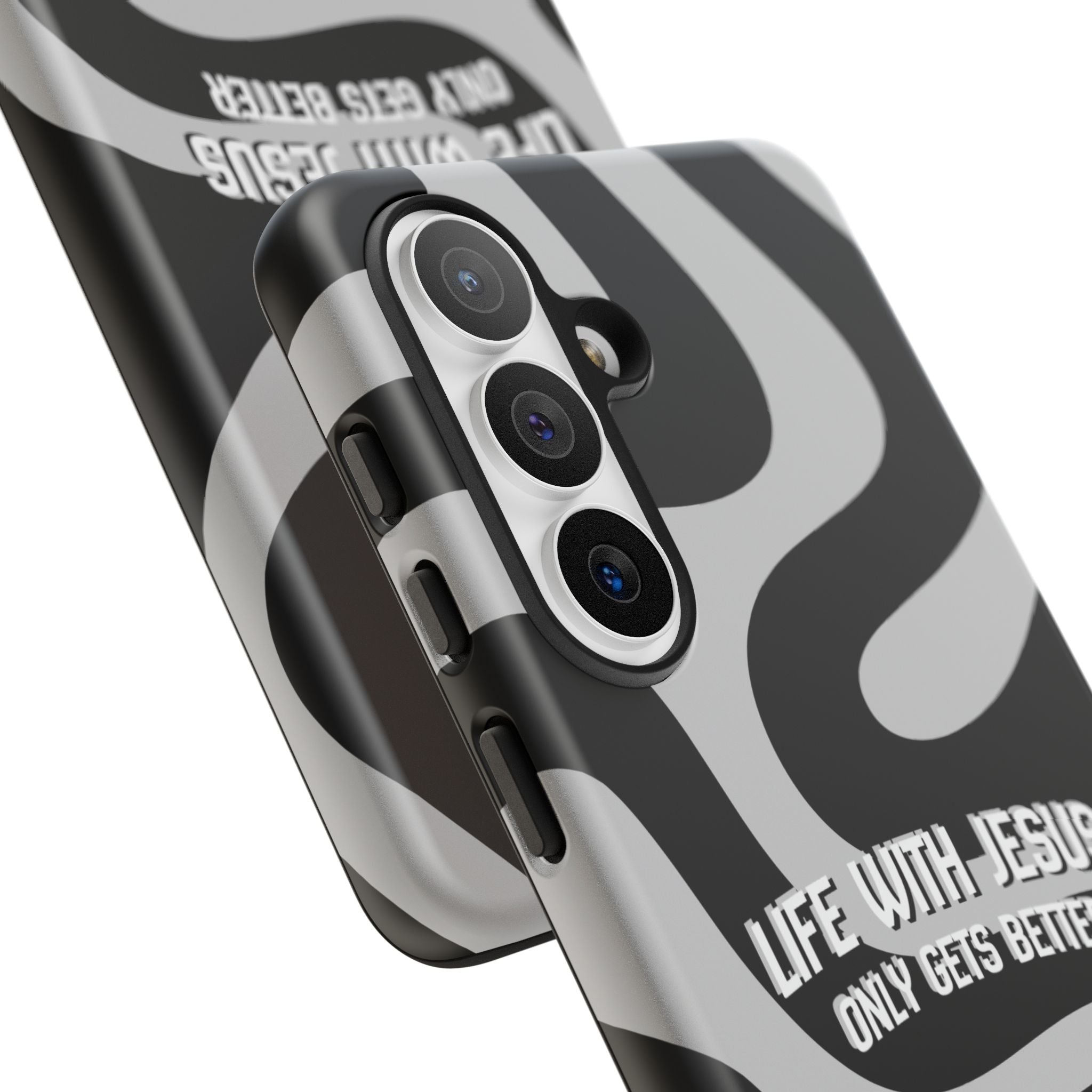 Christian iPhone Tough Case — "Life With Jesus Only Gets Better" Black & White Swirl Design