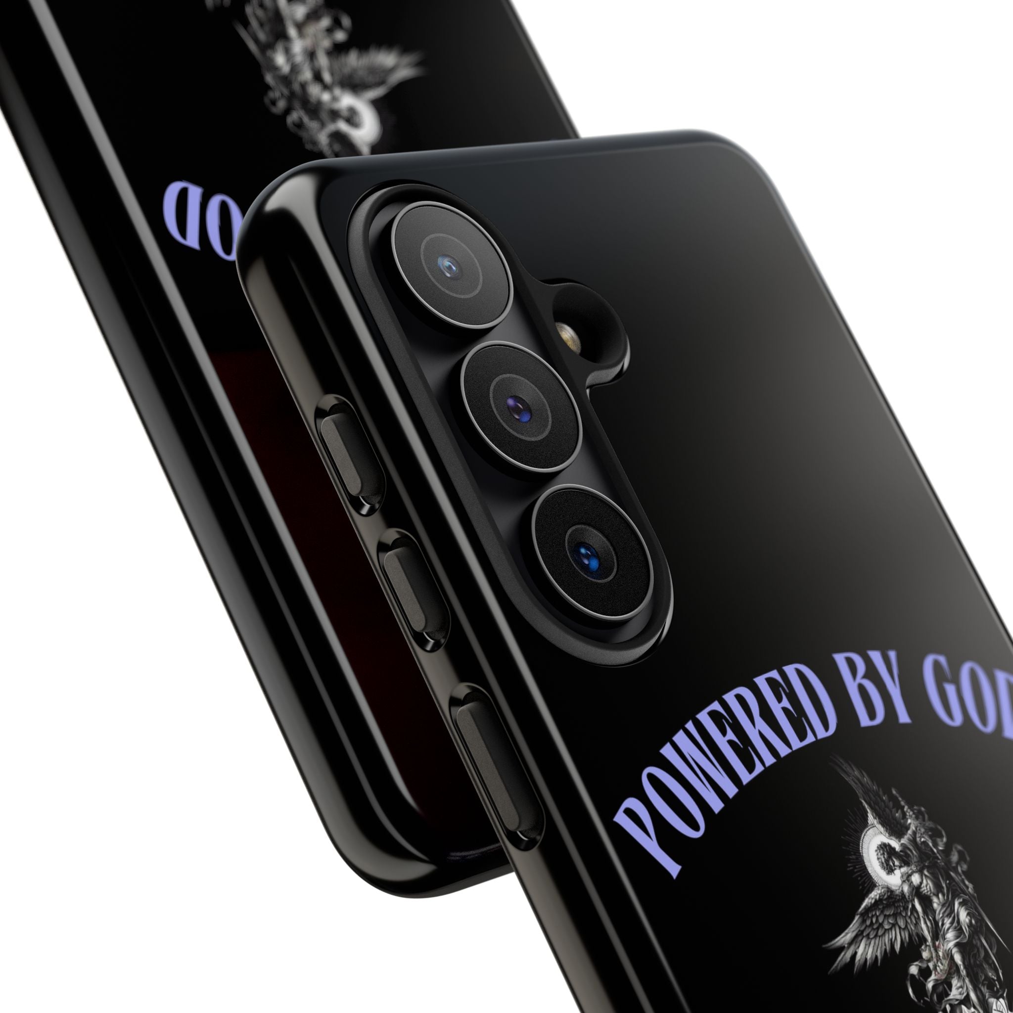 Phone Case — "Powered by God" Black Protective Case with Angelic Skull Design