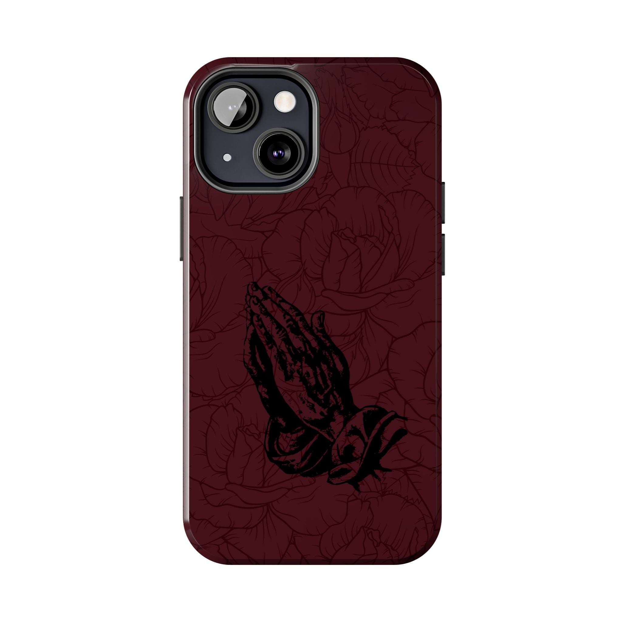 Burgundy Praying Hands Tough Phone Case – Floral Background, Religious Protective Cover