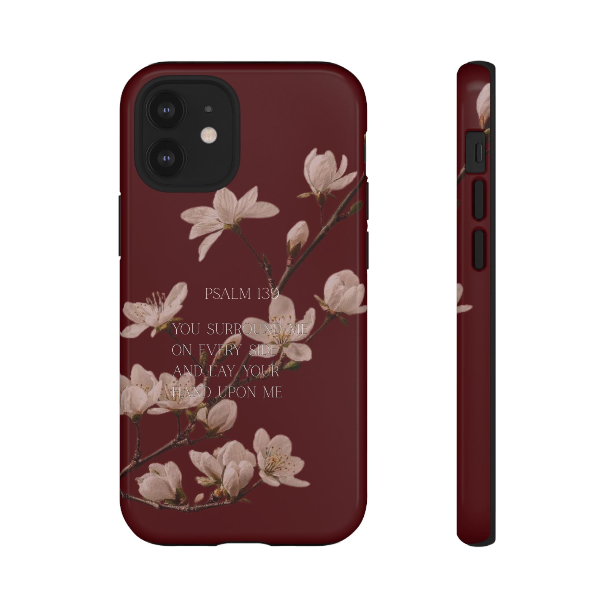Floral Psalm Tough Phone Case — Burgundy Magnolia Branch with Psalm 139 Verse