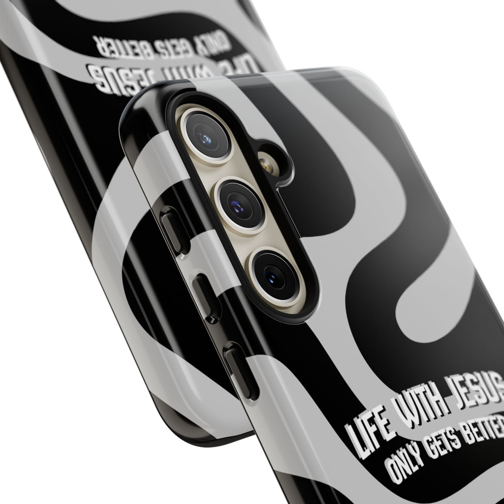 Christian iPhone Tough Case — "Life With Jesus Only Gets Better" Black & White Swirl Design