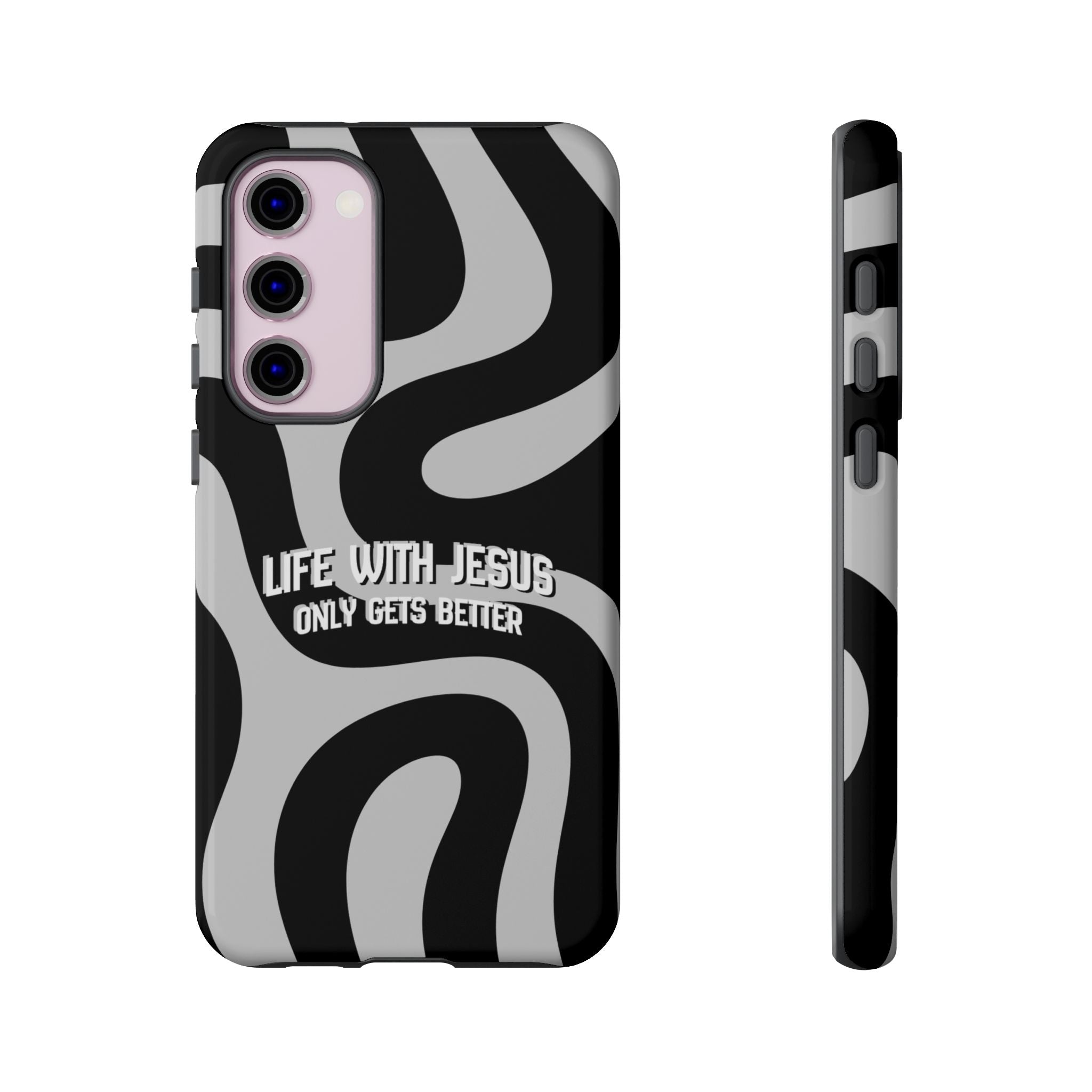 Christian iPhone Tough Case — "Life With Jesus Only Gets Better" Black & White Swirl Design