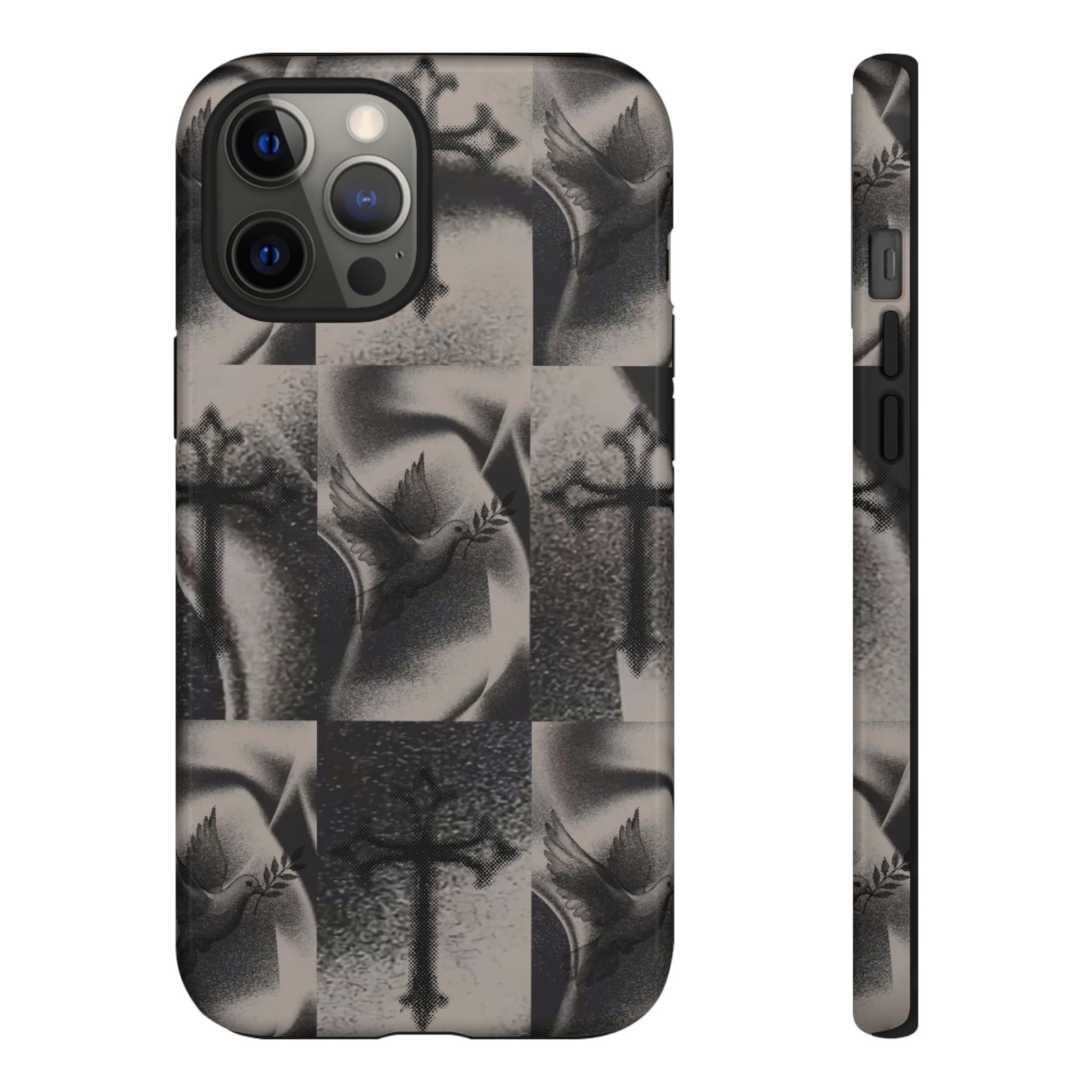 Gothic Cross & Dove Phone Case — Moody Checkerboard Protective Case