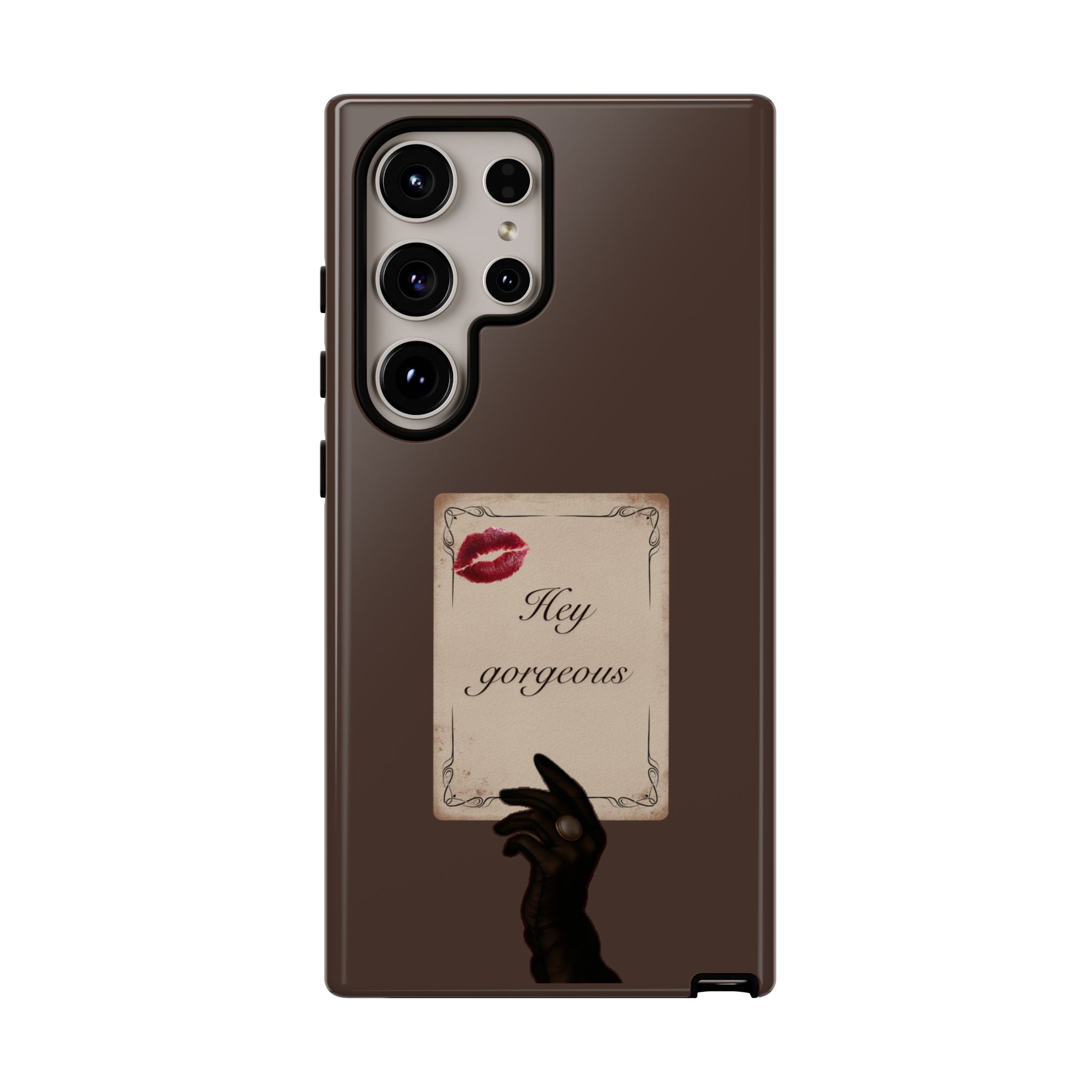Hey Gorgeous Phone Case — Brown Lip Print & Shadow Hand Protective Cover