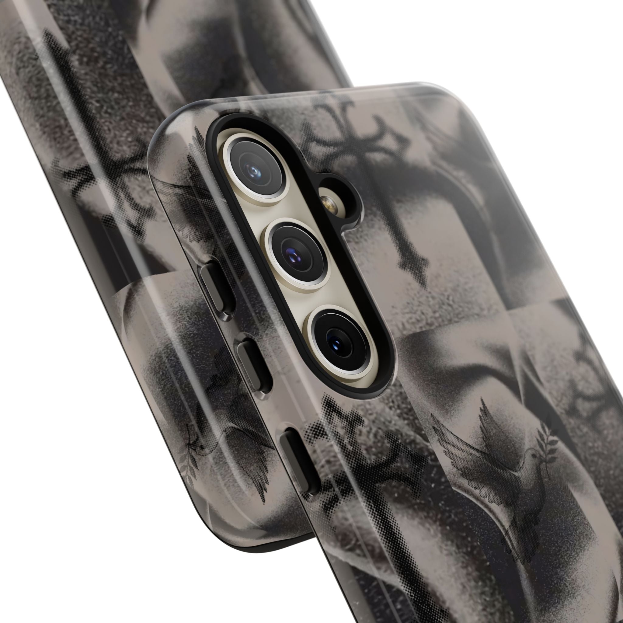 Gothic Cross & Dove Phone Case — Moody Checkerboard Protective Case