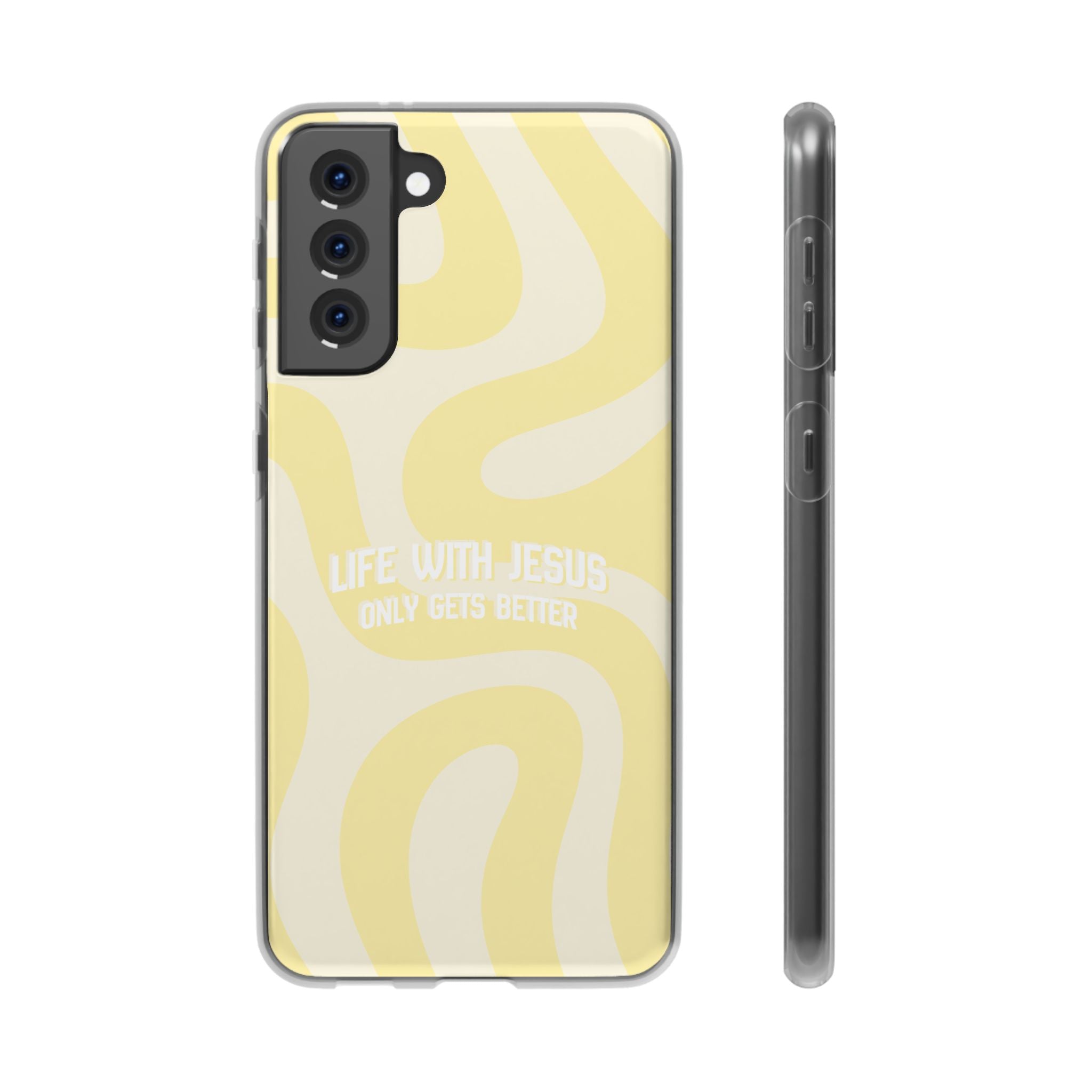 Christian Phone Case - "Life With Jesus Only Gets Better" Yellow Swirl Flexi Case