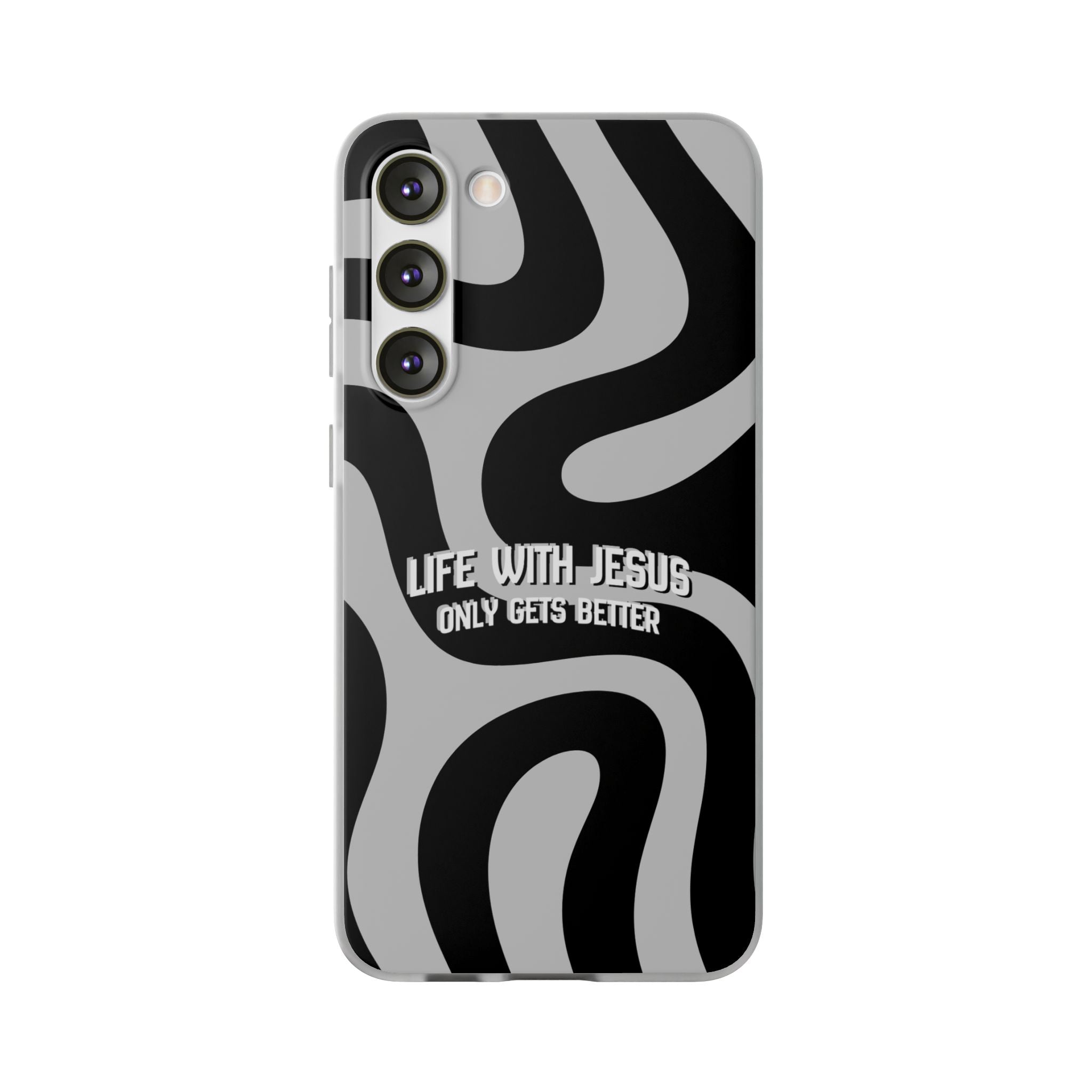 Religious Phone Case — "Life With Jesus Only Gets Better" Black & White Swirl Flexi Case