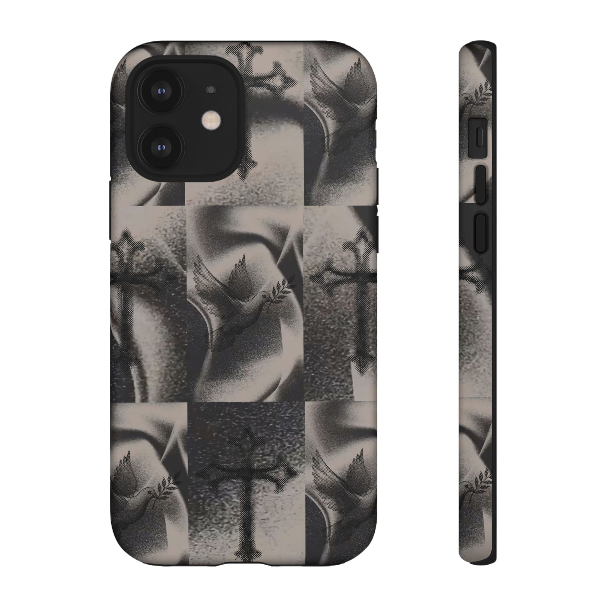 Gothic Cross & Dove Phone Case — Moody Checkerboard Protective Case