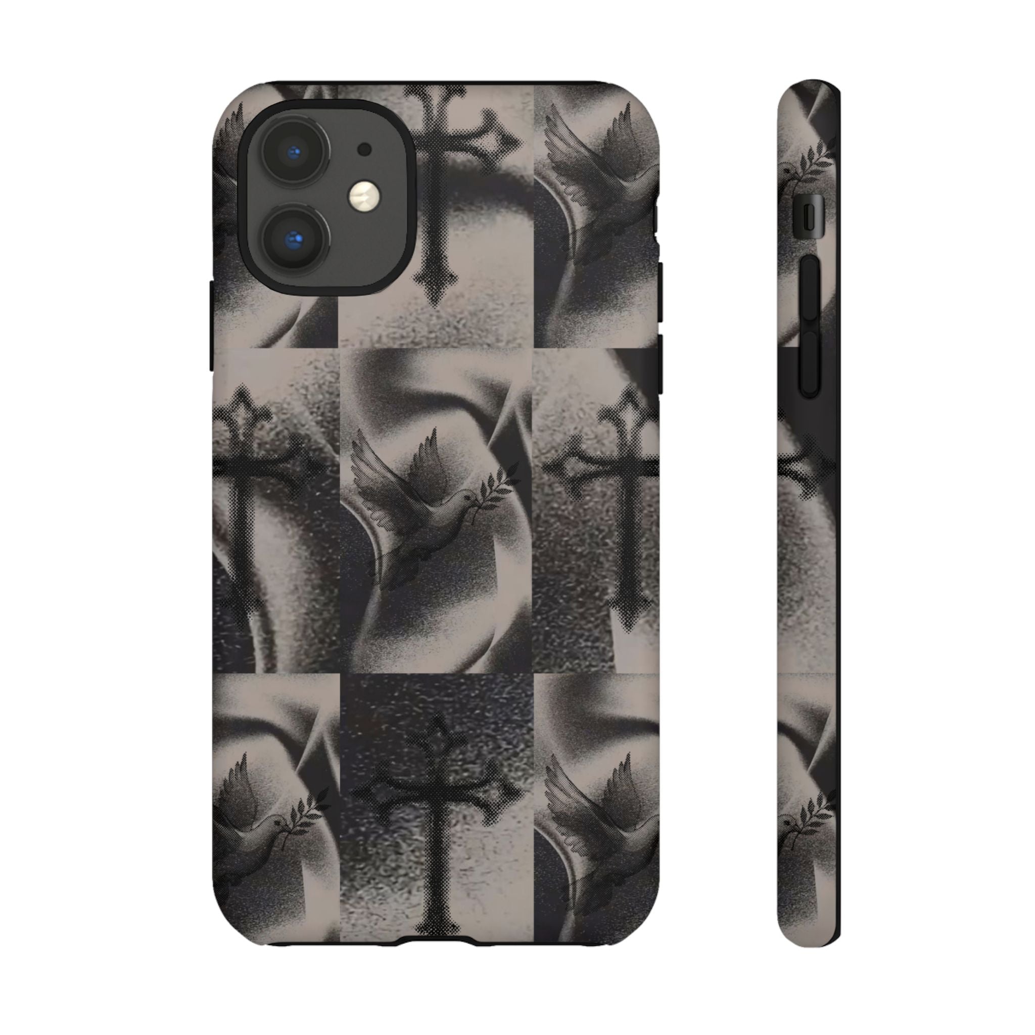 Gothic Cross & Dove Phone Case — Moody Checkerboard Protective Case