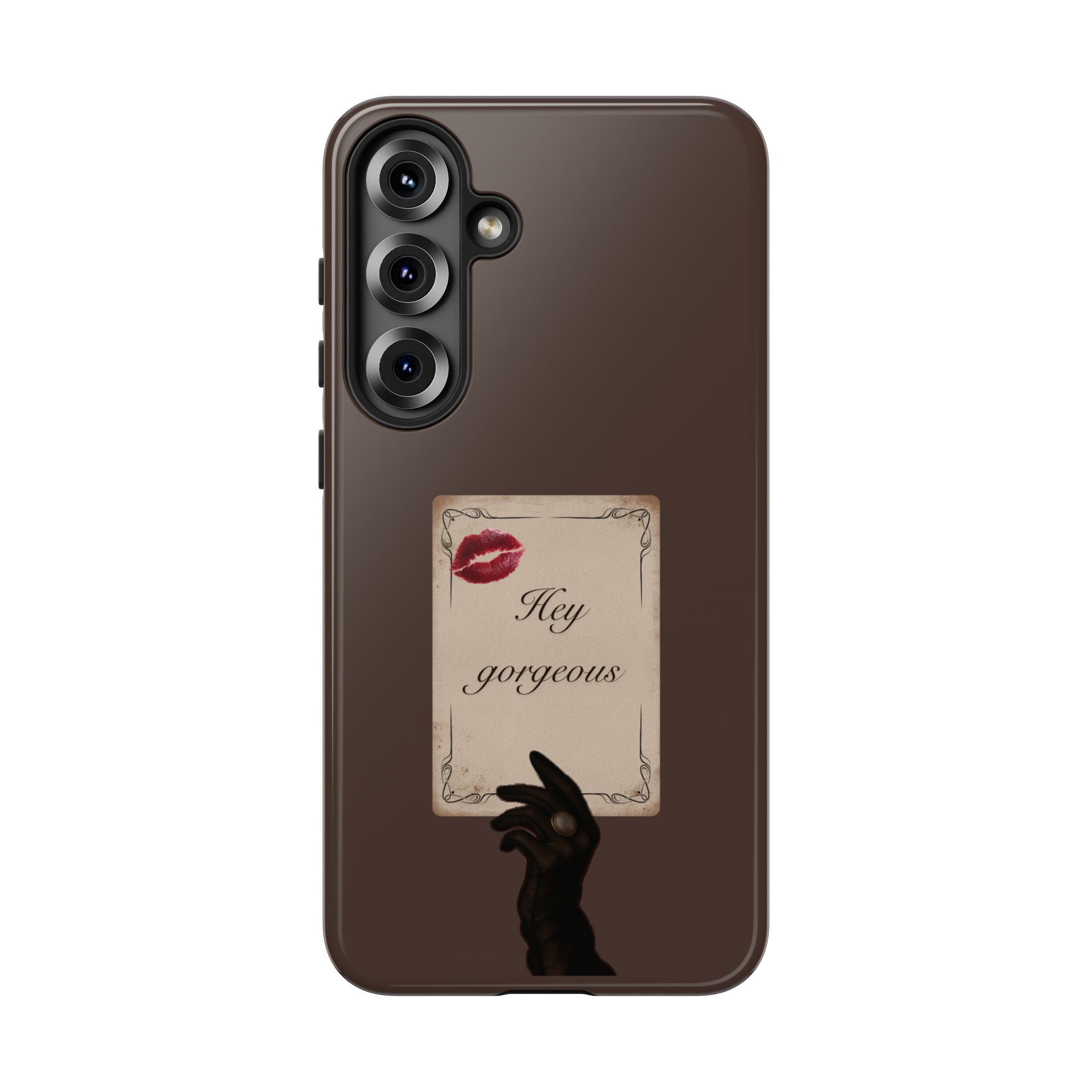 Hey Gorgeous Phone Case — Brown Lip Print & Shadow Hand Protective Cover