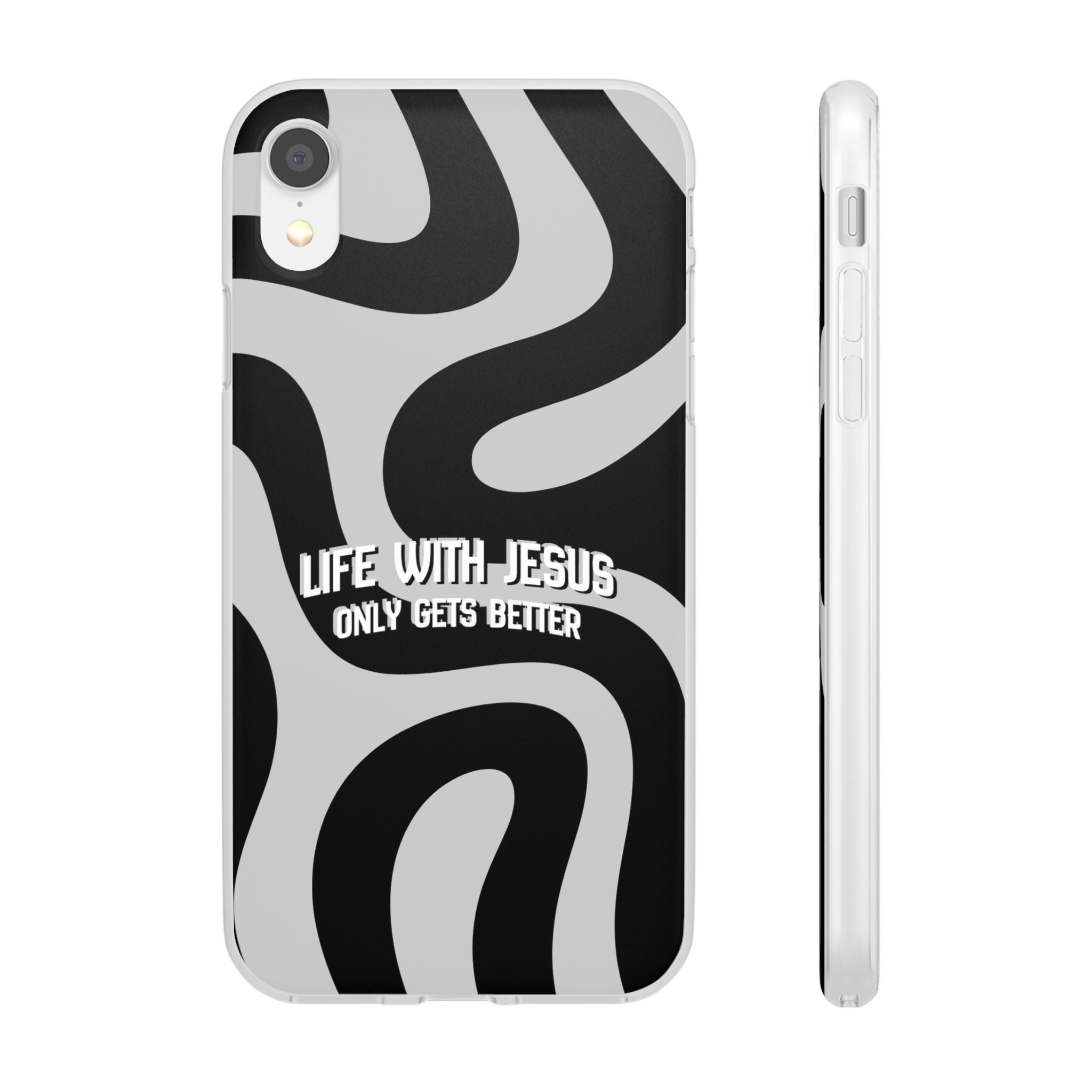 Religious Phone Case — "Life With Jesus Only Gets Better" Black & White Swirl Flexi Case