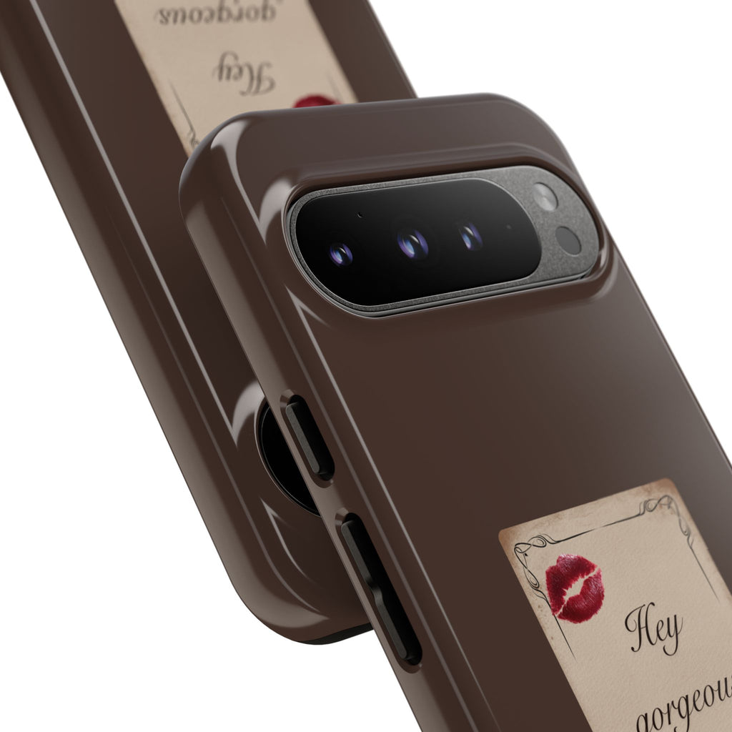 Hey Gorgeous Phone Case — Brown Lip Print & Shadow Hand Protective Cover