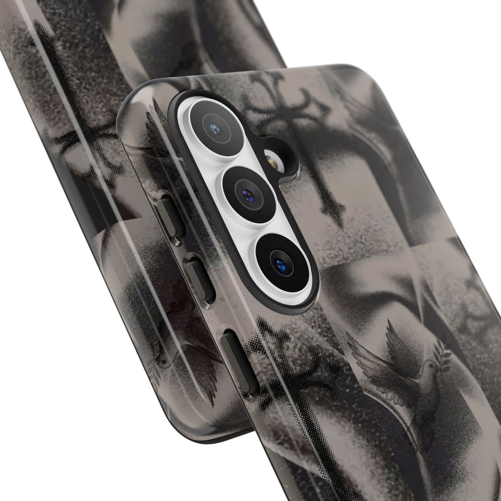 Gothic Cross & Dove Phone Case — Moody Checkerboard Protective Case