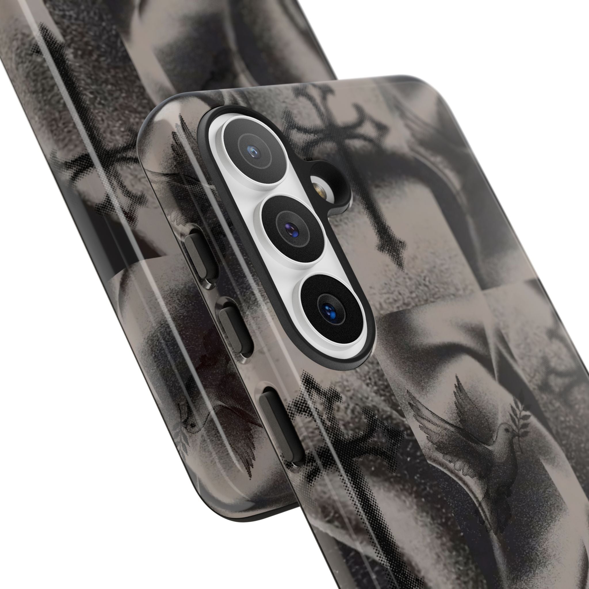 Gothic Cross & Dove Phone Case — Moody Checkerboard Protective Case