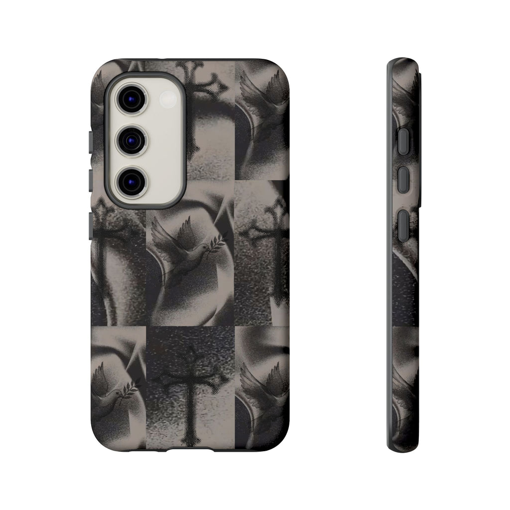 Gothic Cross & Dove Phone Case — Moody Checkerboard Protective Case