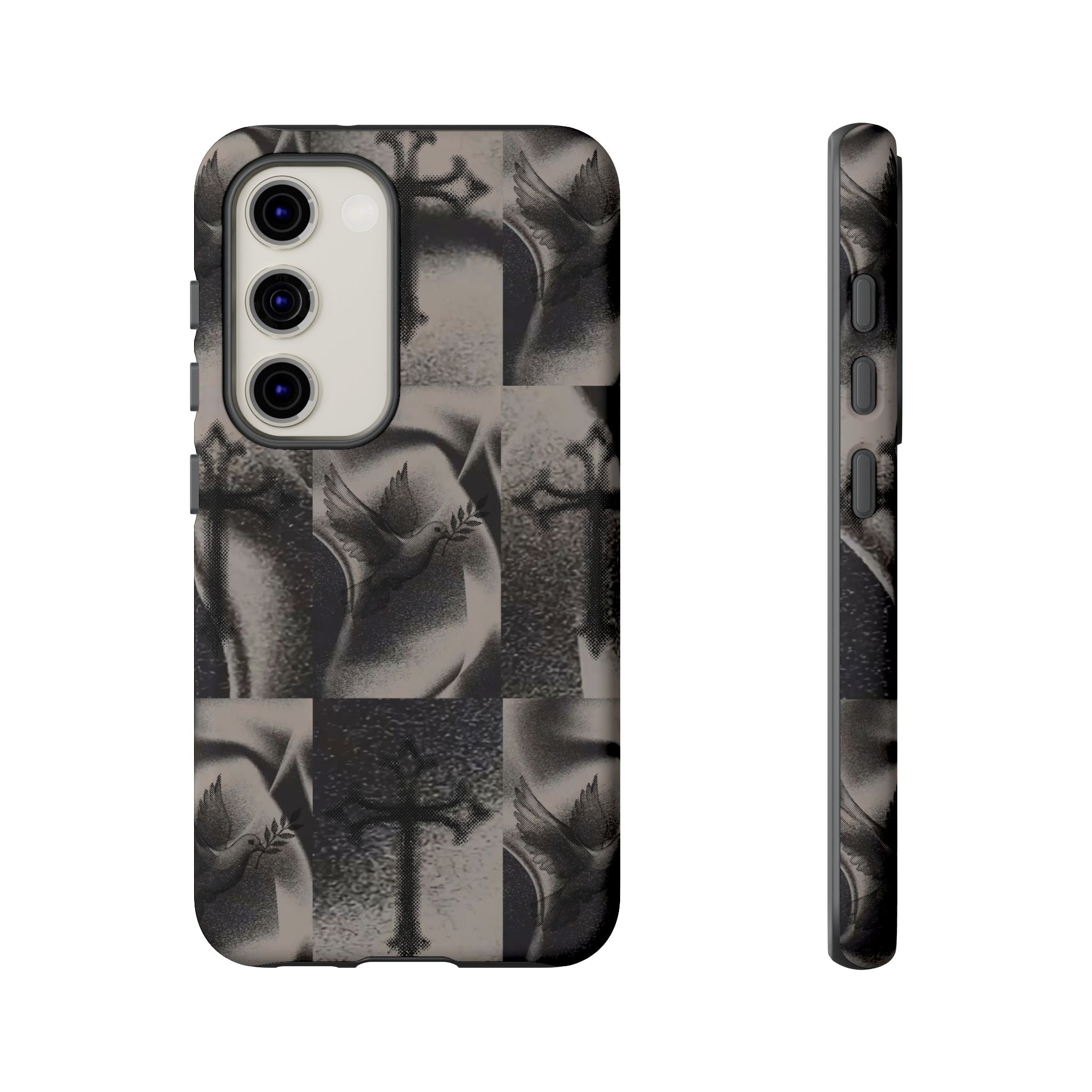 Gothic Cross & Dove Phone Case — Moody Checkerboard Protective Case