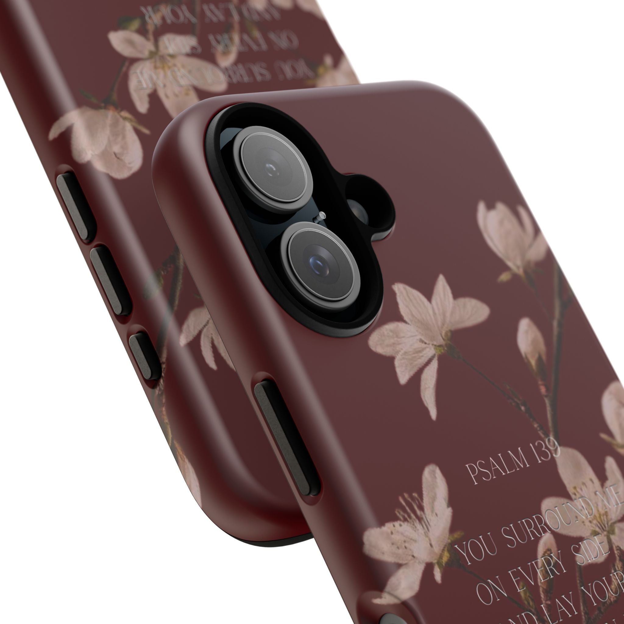 Floral Psalm Tough Phone Case — Burgundy Magnolia Branch with Psalm 139 Verse