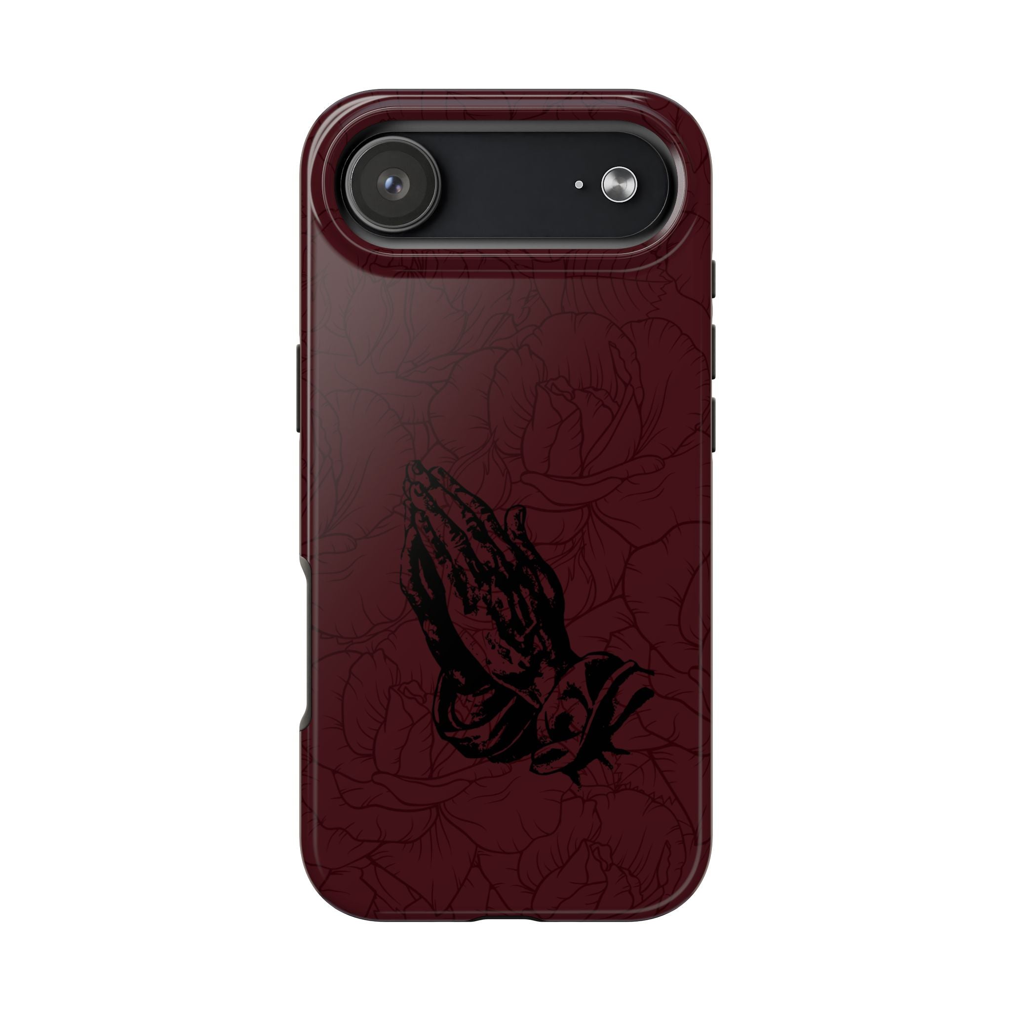 Burgundy Praying Hands Tough Phone Case – Floral Background, Religious Protective Cover