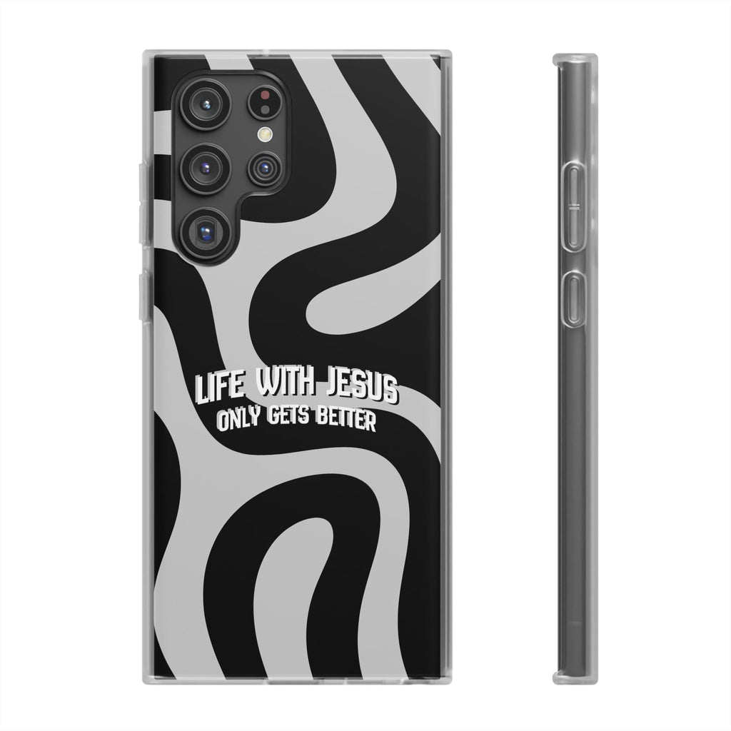Religious Phone Case — "Life With Jesus Only Gets Better" Black & White Swirl Flexi Case