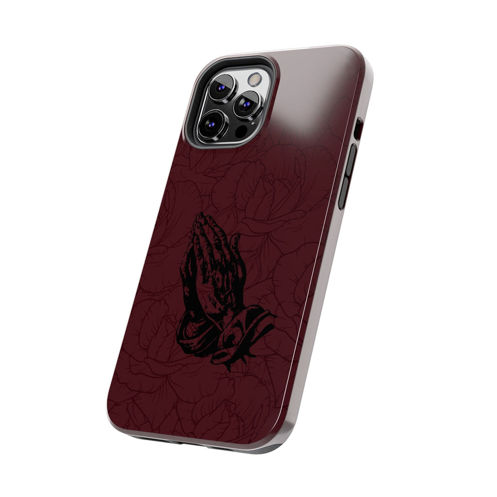 Burgundy Praying Hands Tough Phone Case – Floral Background, Religious Protective Cover