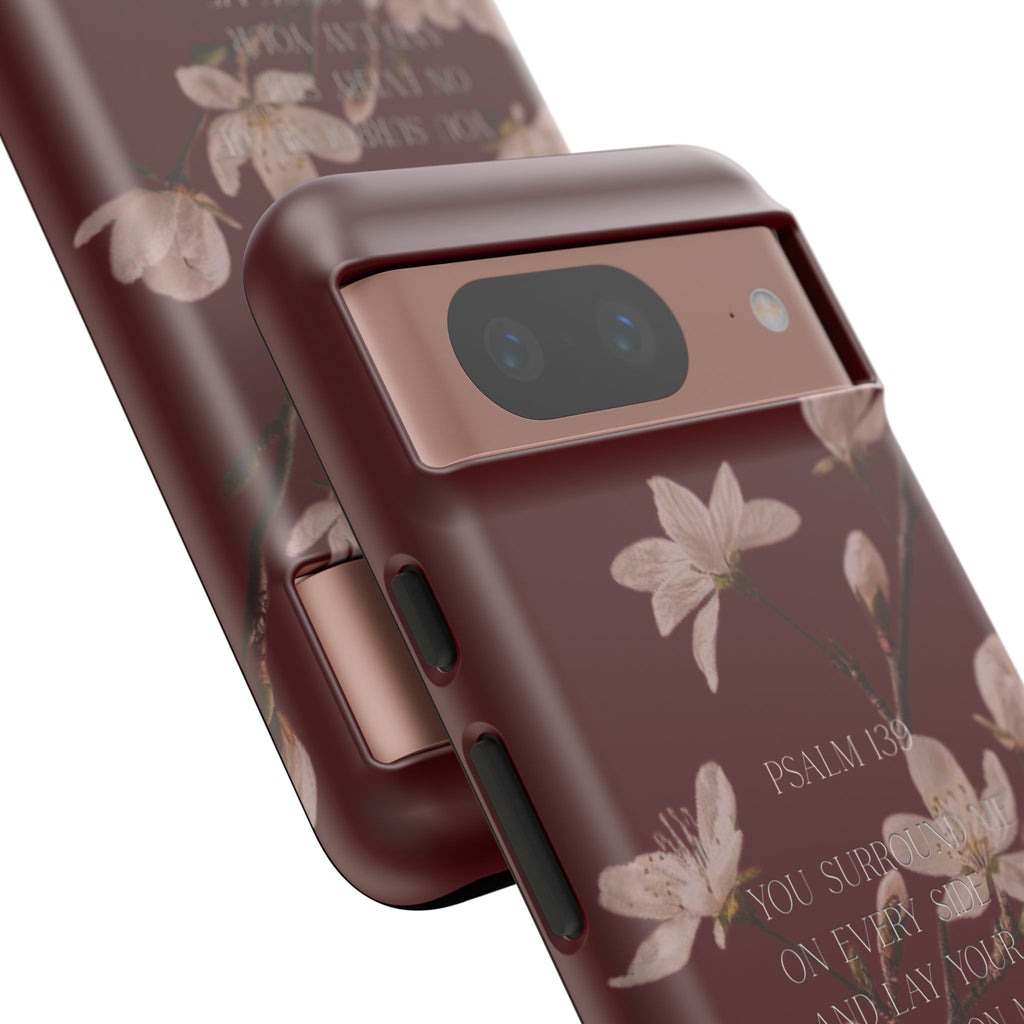 Floral Psalm Tough Phone Case — Burgundy Magnolia Branch with Psalm 139 Verse