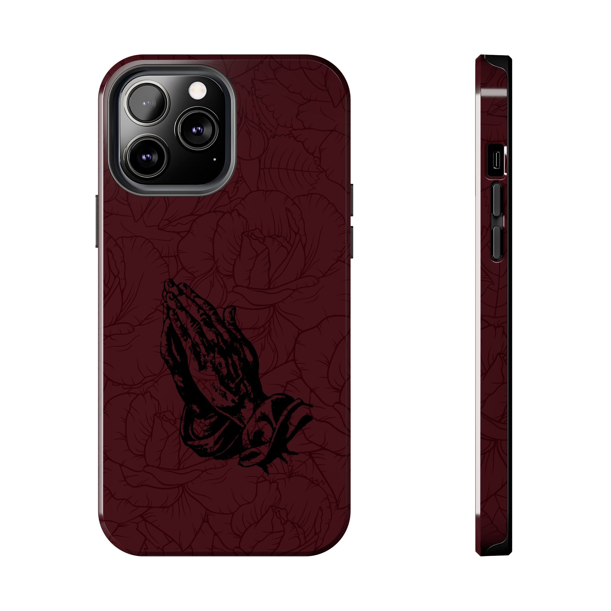 Burgundy Praying Hands Tough Phone Case – Floral Background, Religious Protective Cover