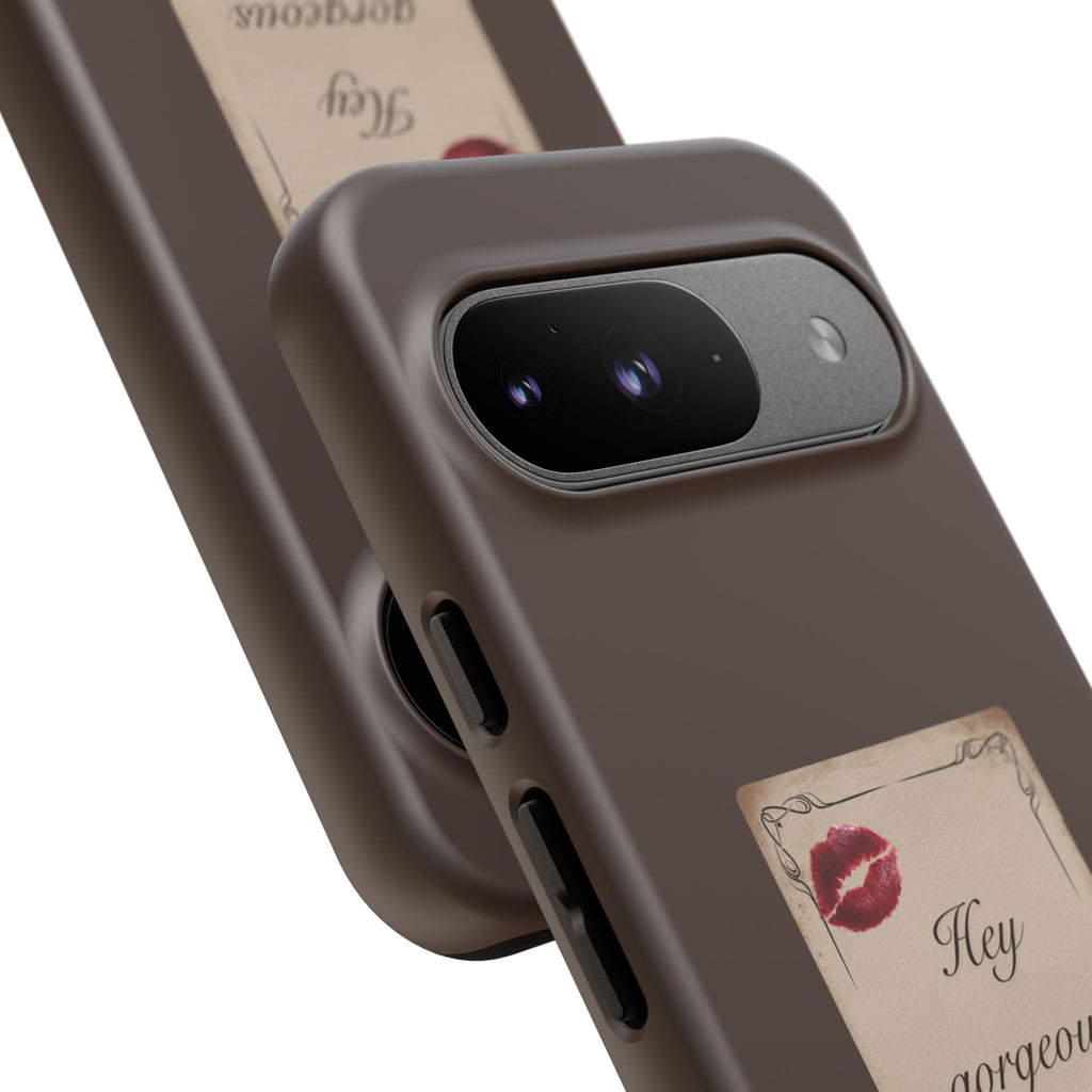 Hey Gorgeous Phone Case — Brown Lip Print & Shadow Hand Protective Cover