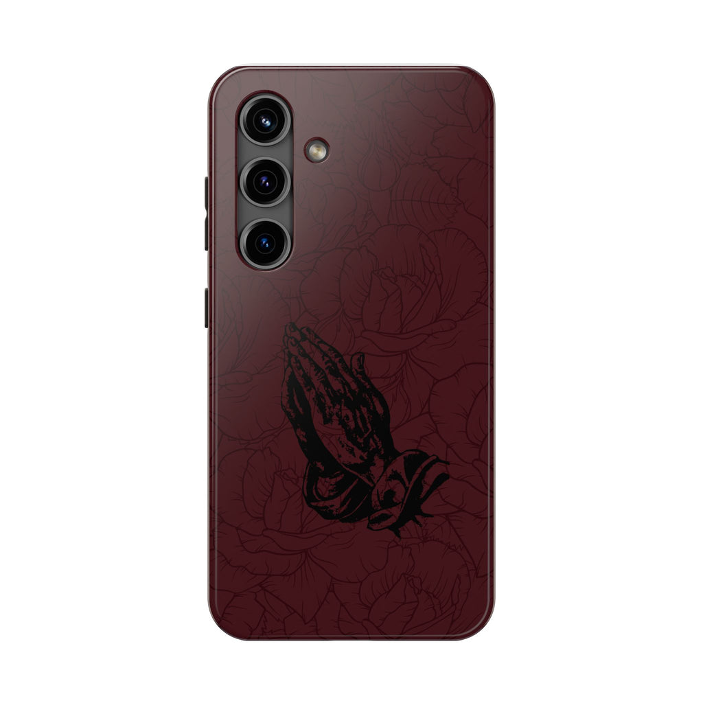Burgundy Praying Hands Tough Phone Case – Floral Background, Religious Protective Cover