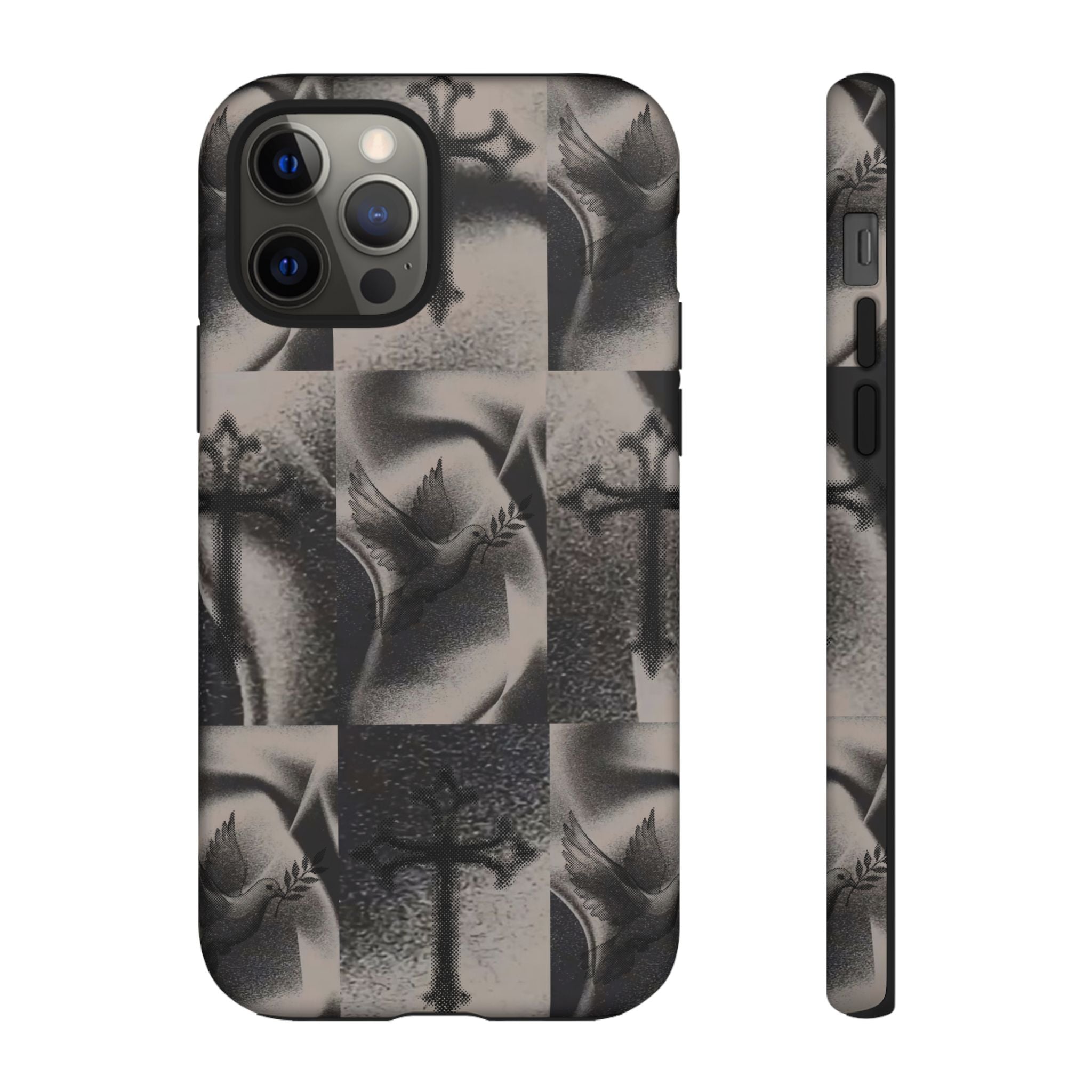 Gothic Cross & Dove Phone Case — Moody Checkerboard Protective Case